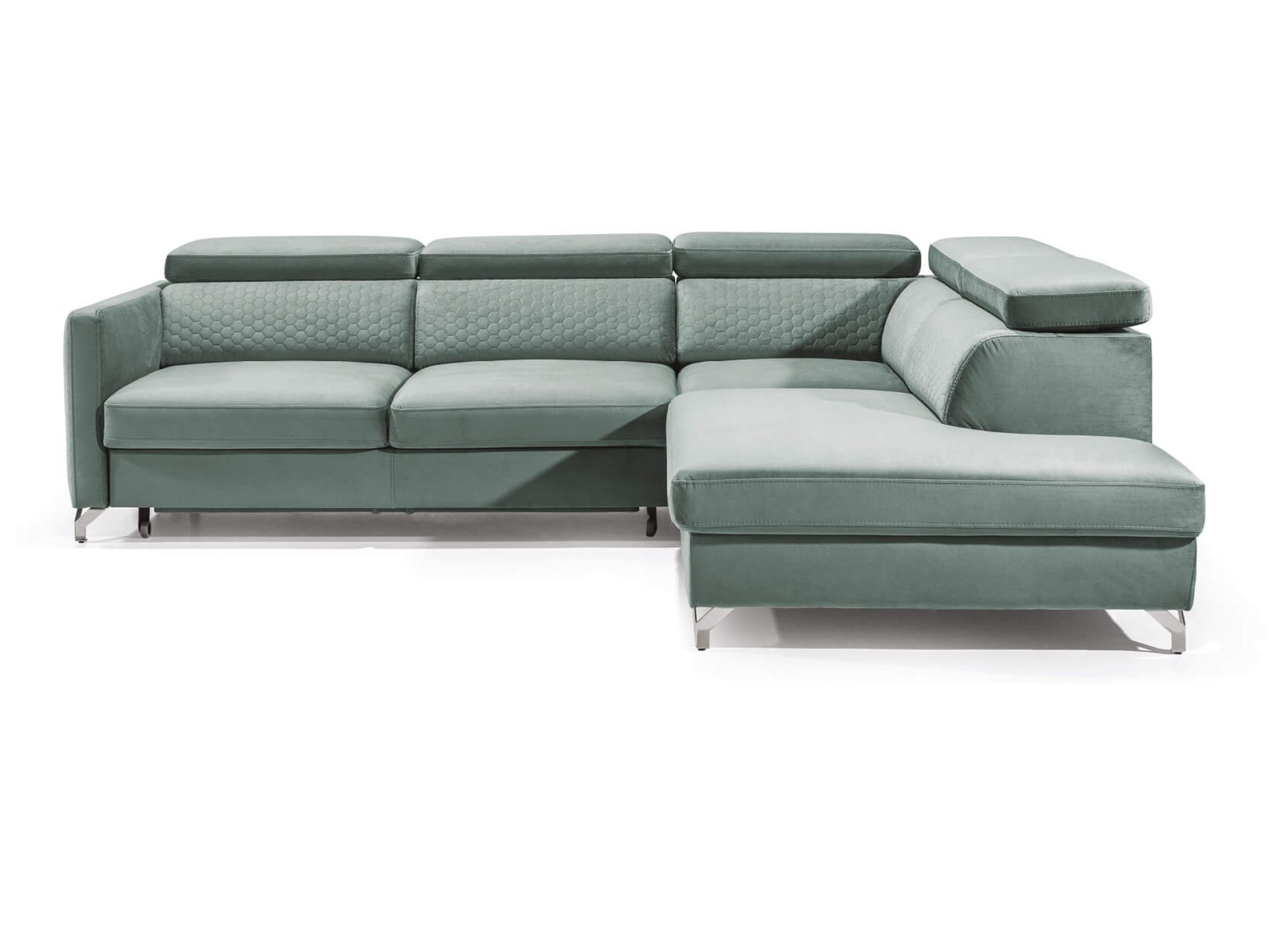 Ecksofa Travento 265 cm mit Ottomane in petrolfarbenem Velours vor weißem Hintergrund
