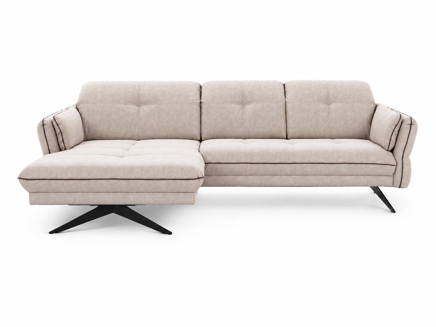 Ecksofa Terlavio, 287 cm, auf Metallkufen, beiger Stoff mit dunkler Paspel, vor weißem Hintergrund