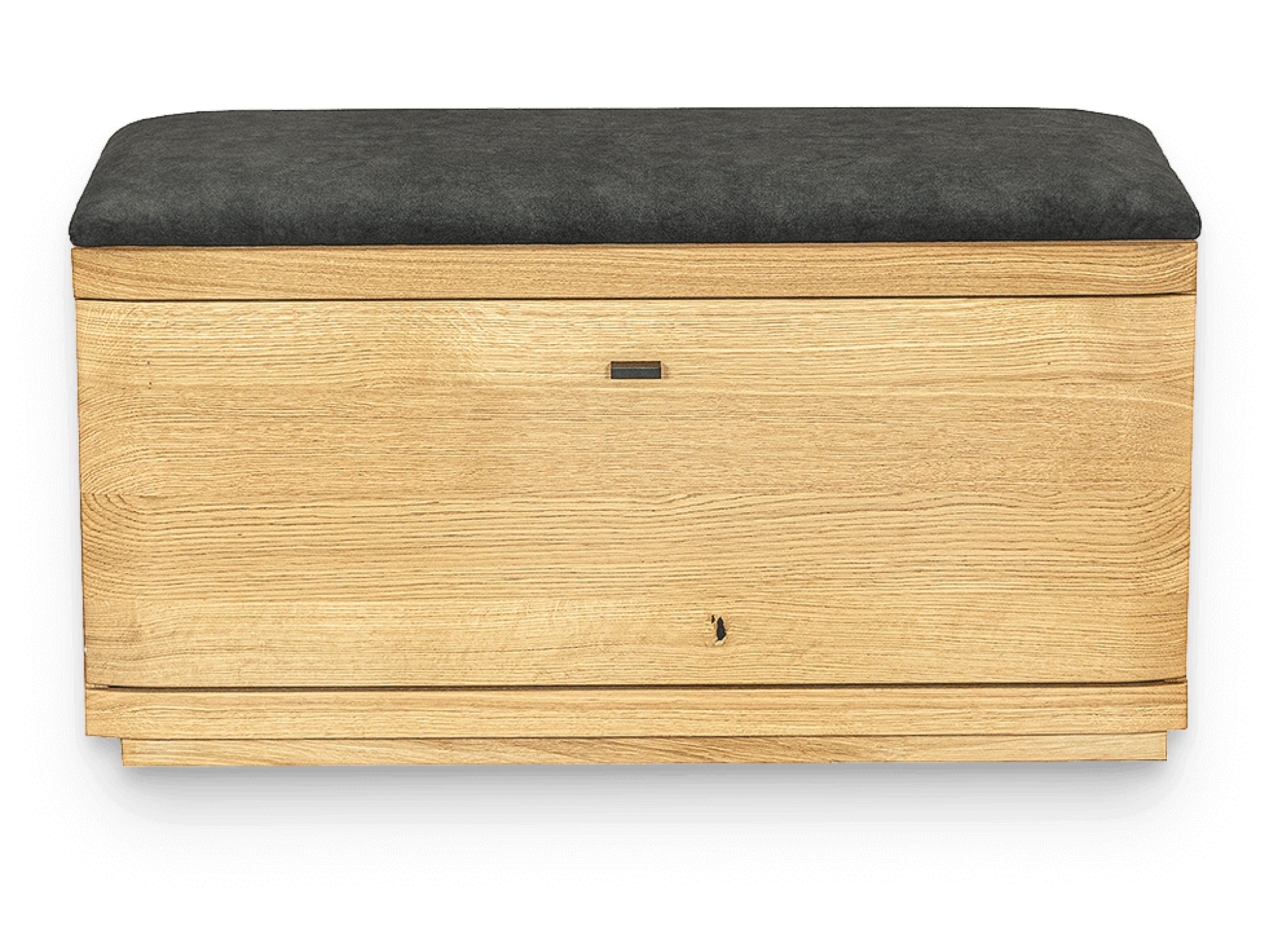 Eichen-Pouf Corvena 90 cm mit dunklem Polstersitz und geschlossenem Stauraum – Frontansicht
