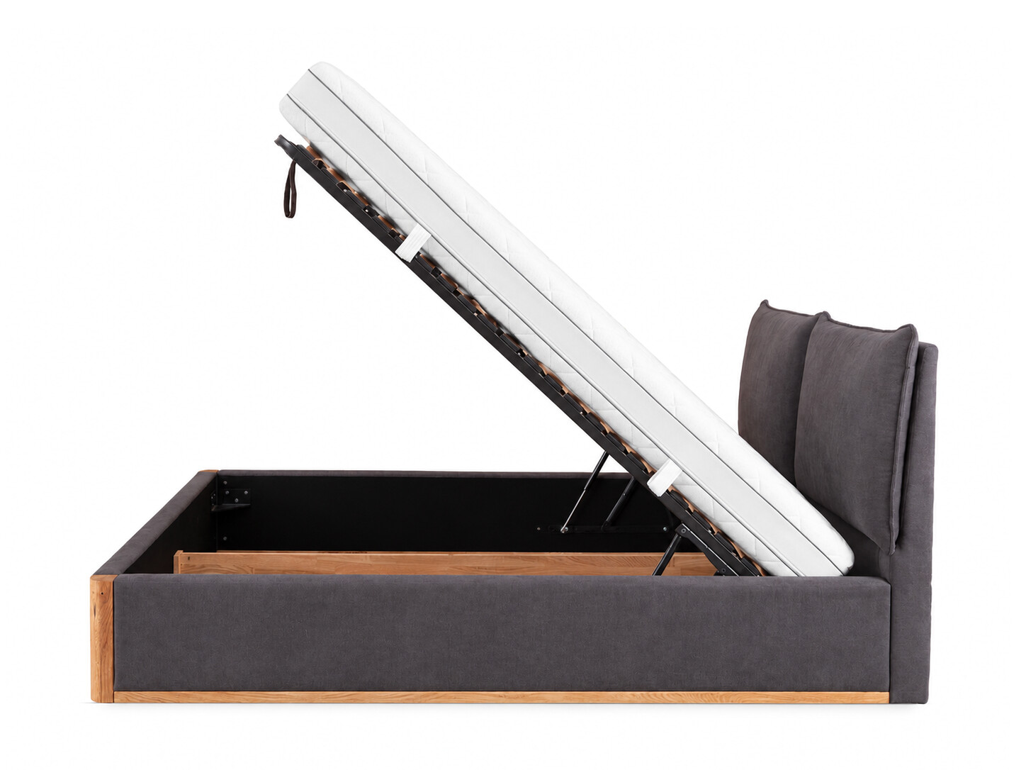 Bett Ravella mit geöffnetem Bettkasten und hochgeklapptem Metallrahmen