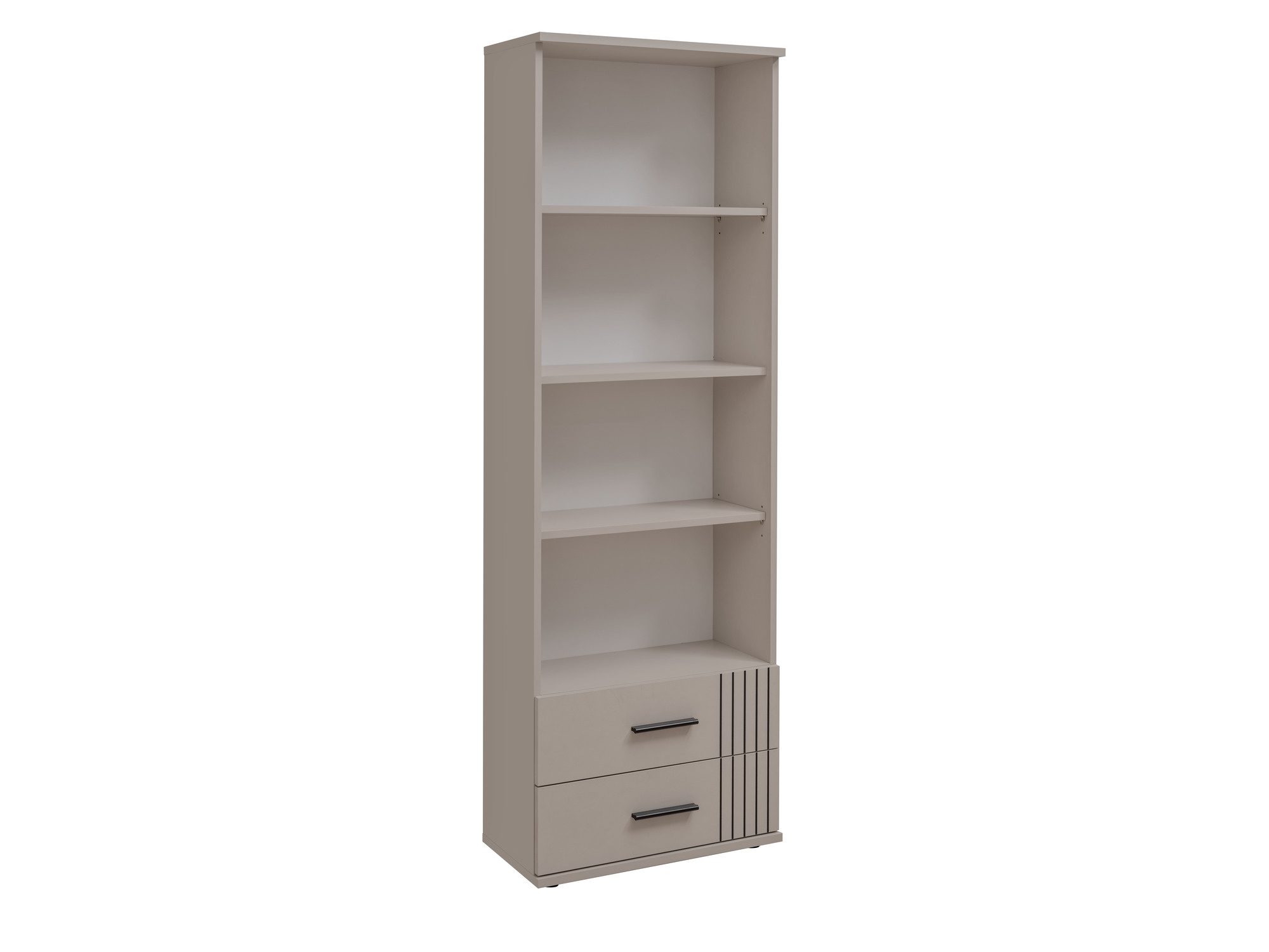 Beiger Schrank mit Regalfächern und Schubladen