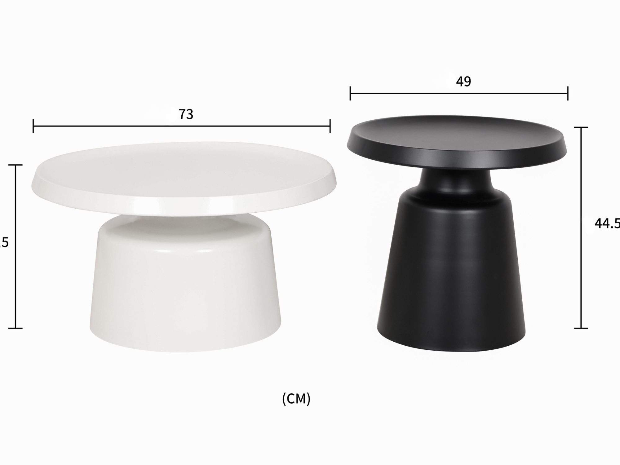 Rozměrový nákres sady stolků Virtus – bílý 73 cm a černý 49 cm