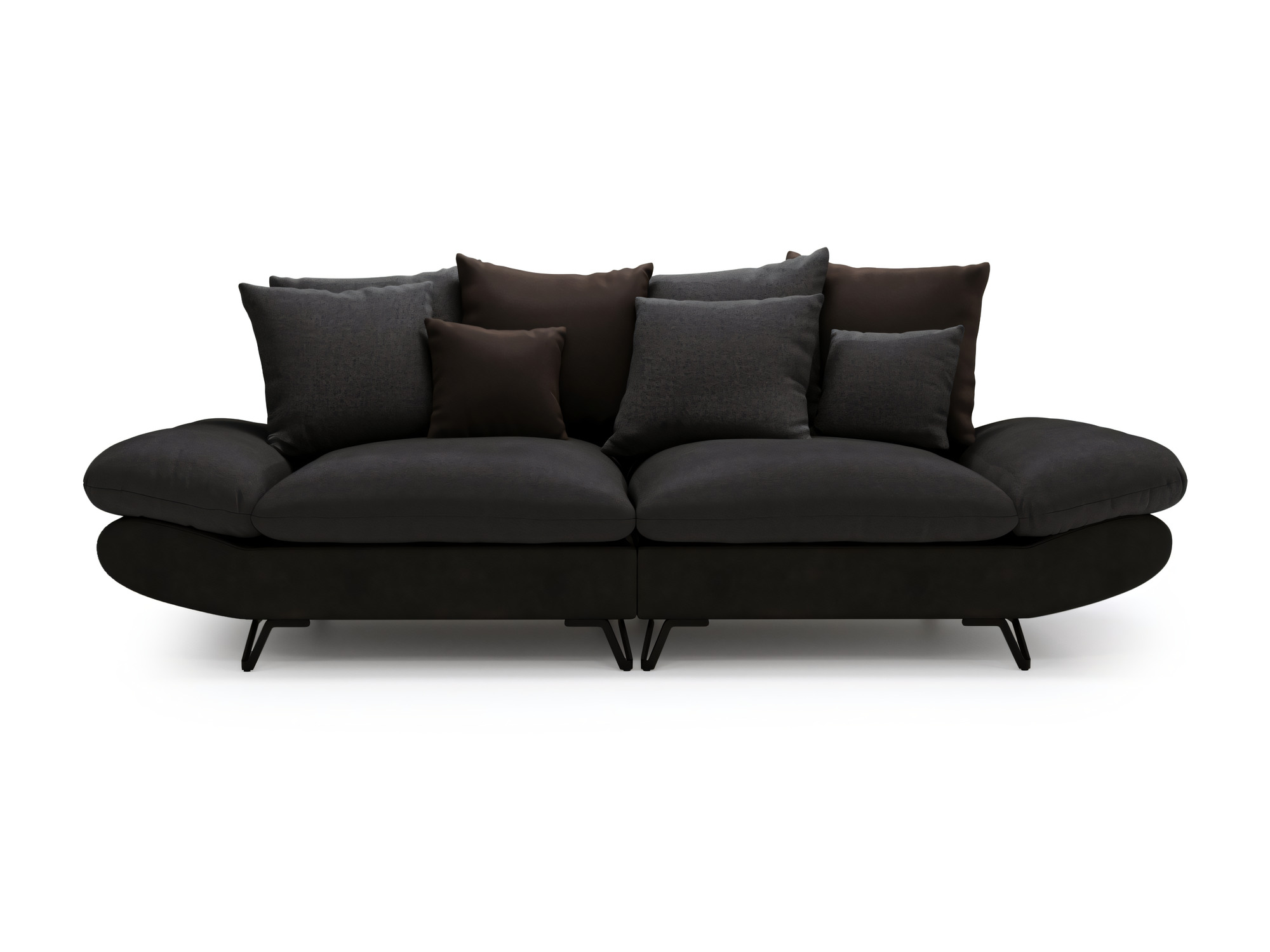 Großes schwarzes Sofa Botavio mit Zierkissen, Vorderansicht vor weißem Hintergrund