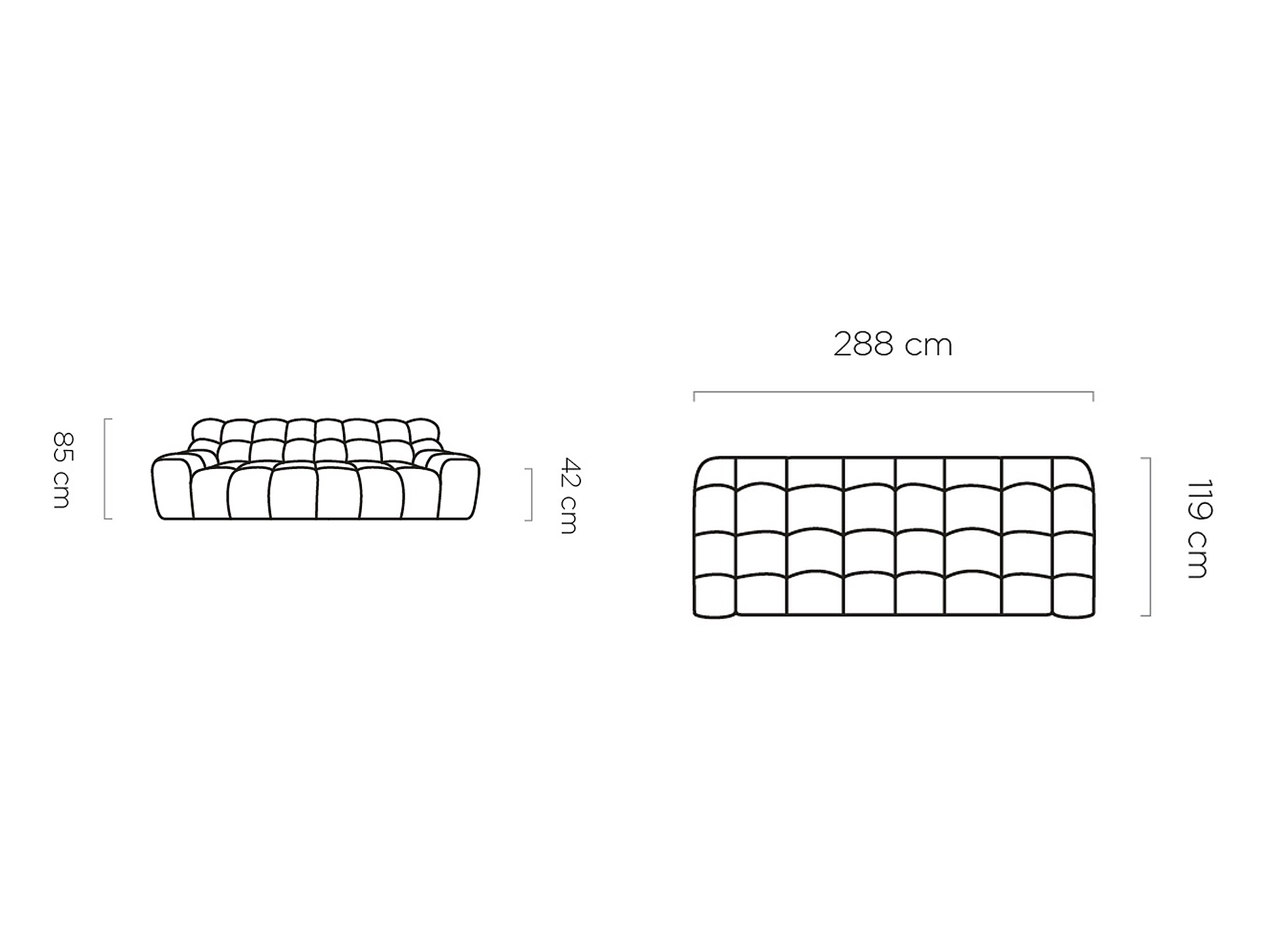 Rozměrový nákres pohovky Campello: šířka 288 cm, hloubka 119 cm, výška 85 cm, výška sedáku 42 cm