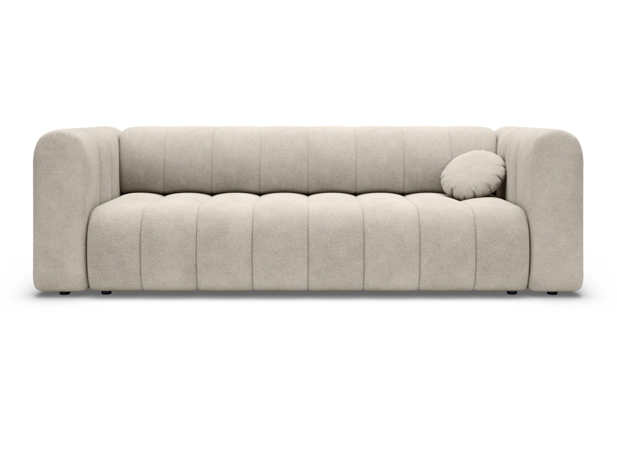 Sofa Fendaro 250 cm – front na białym tle, jasna tkanina z pionowymi przeszyciami