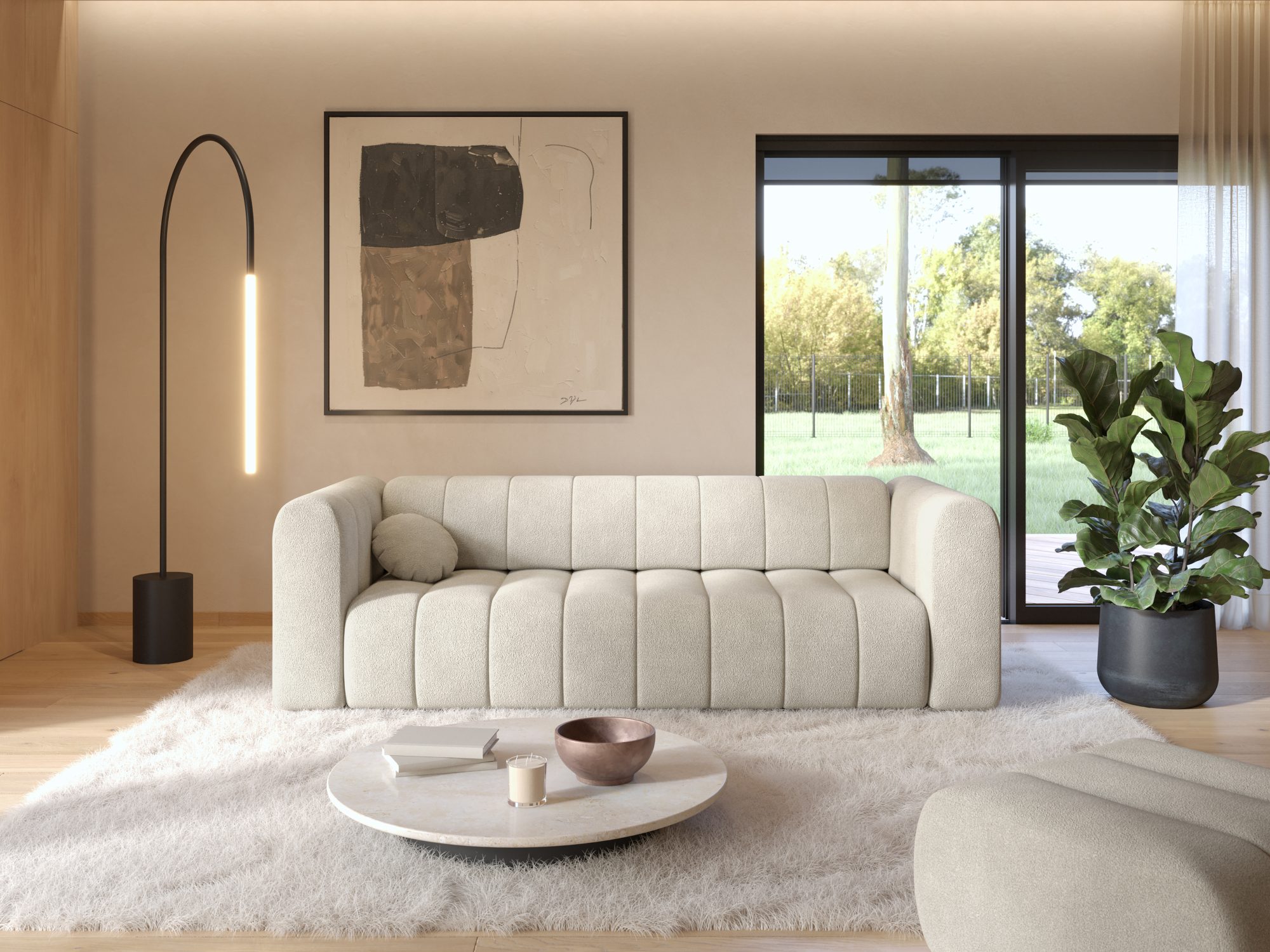 Sofa Fendaro w jasnym salonie – widok od frontu przy dużym oknie