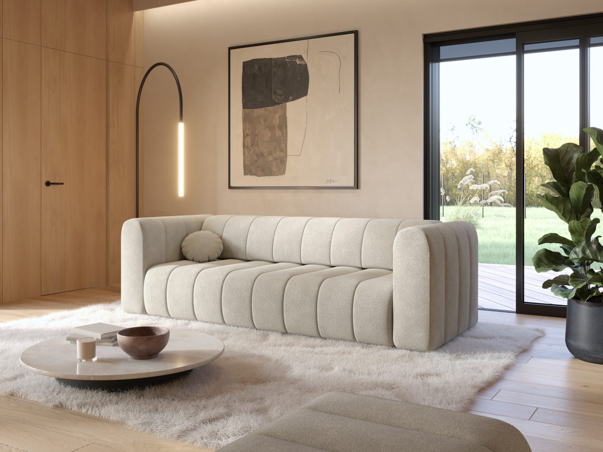 Sofa Fendaro w aranżacji salonu – widok pod kątem na jasną tapicerkę