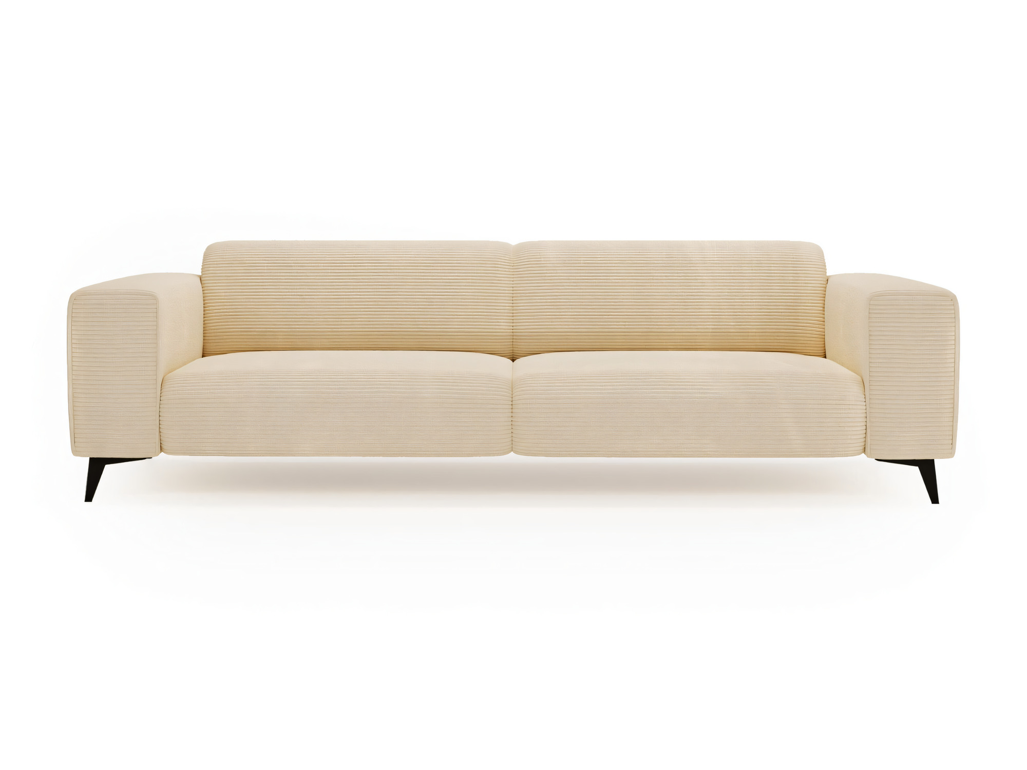 Dreisitzer-Sofa Julvena mit cremefarbenem Stoffbezug, Vorderansicht vor weißem Hintergrund