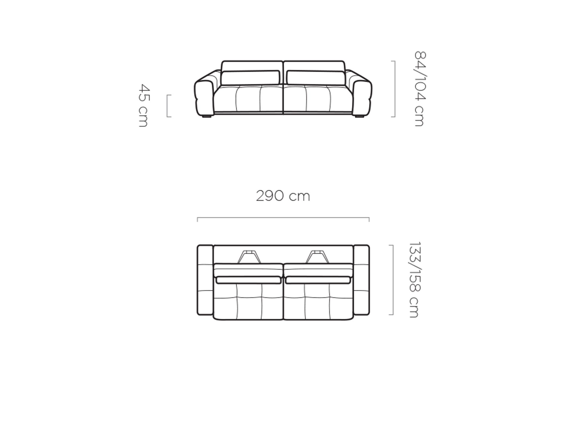 Wymiary sofy Lagvero 290 cm – rysunek z przodu i z góry