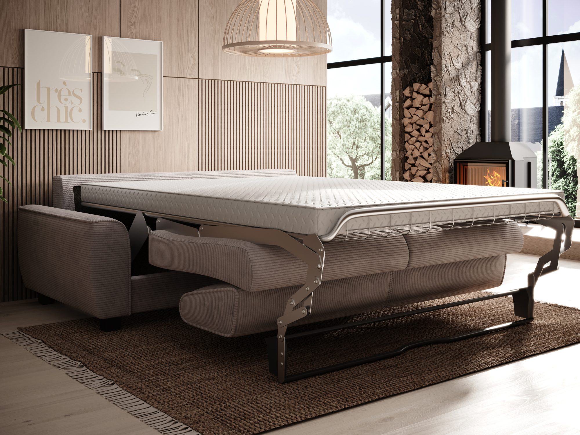 Ausgeklapptes Sofa Monvero mit Matratze im Wohnzimmer