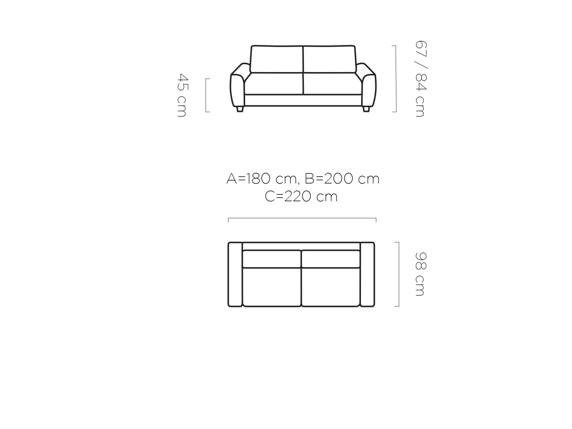 Maßzeichnung des Sofas Monvero in drei Breiten