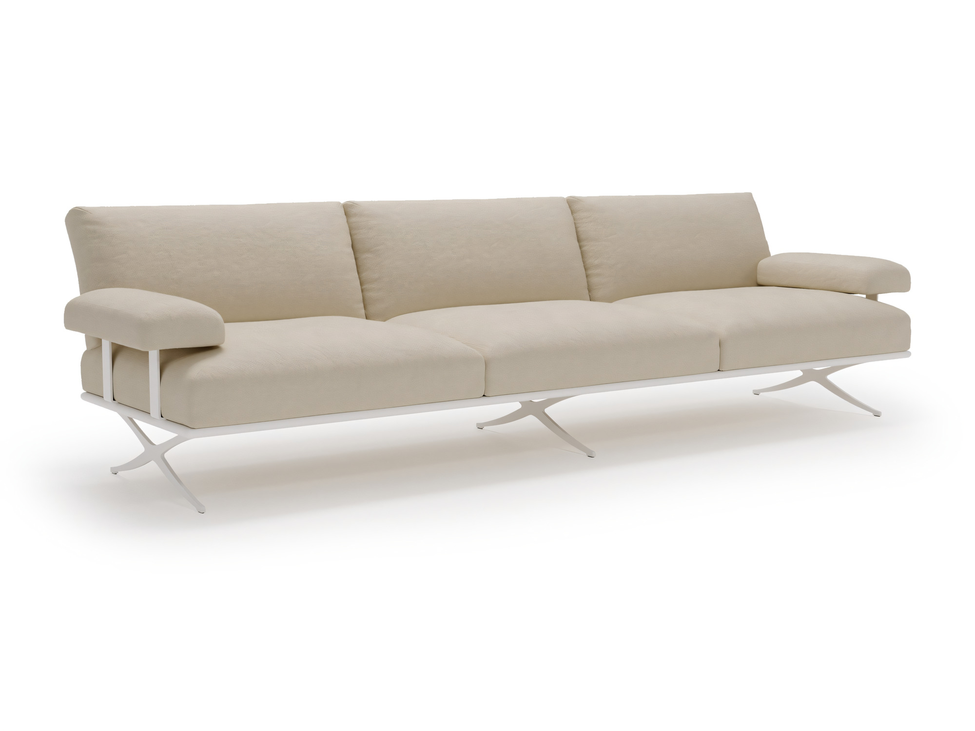 Dreisitziges Gartensofa Celestra mit cremefarbenen Kissen, Dreiviertelansicht