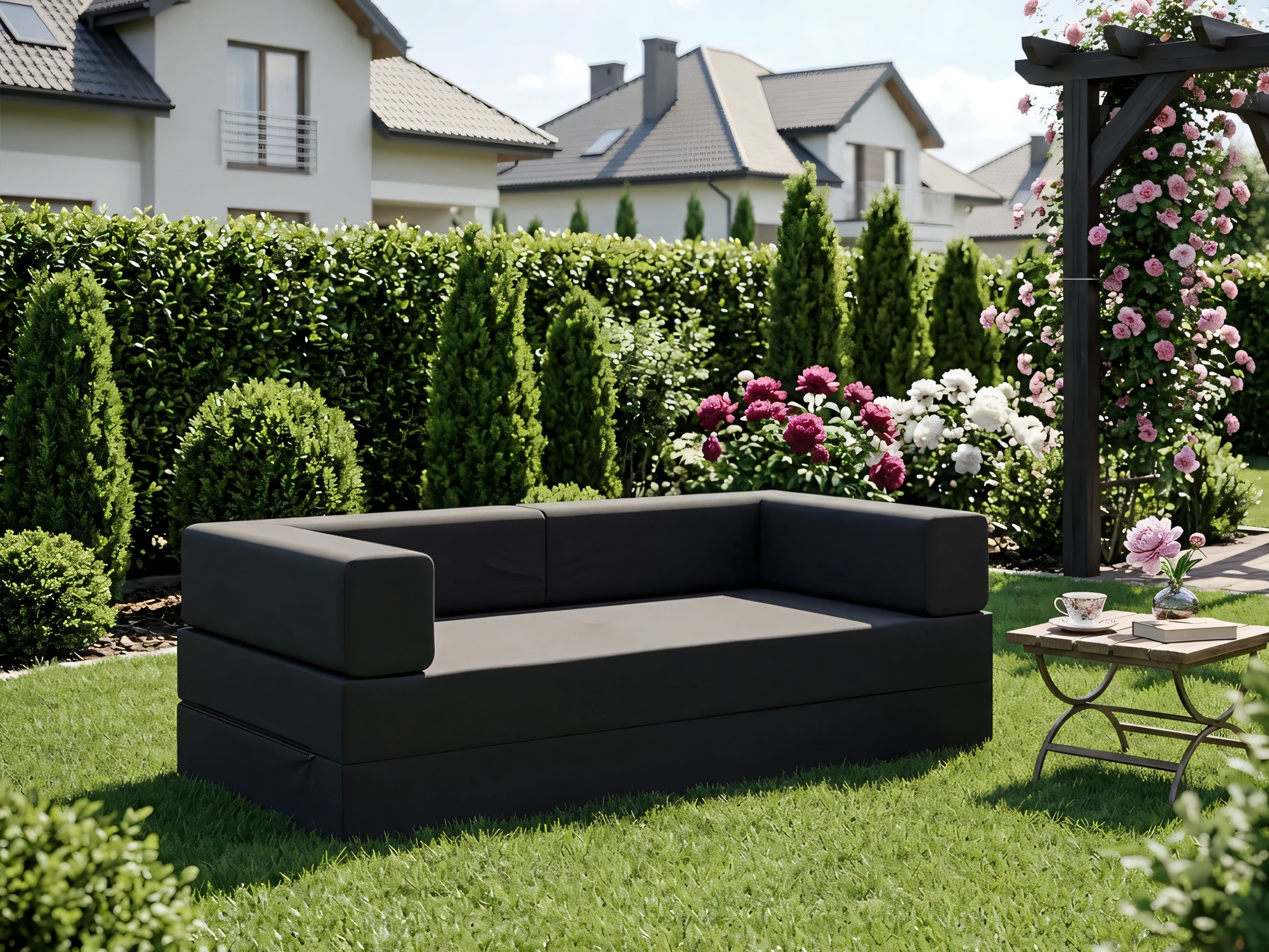 Czarna sofa ogrodowa na trawniku w ogrodzie