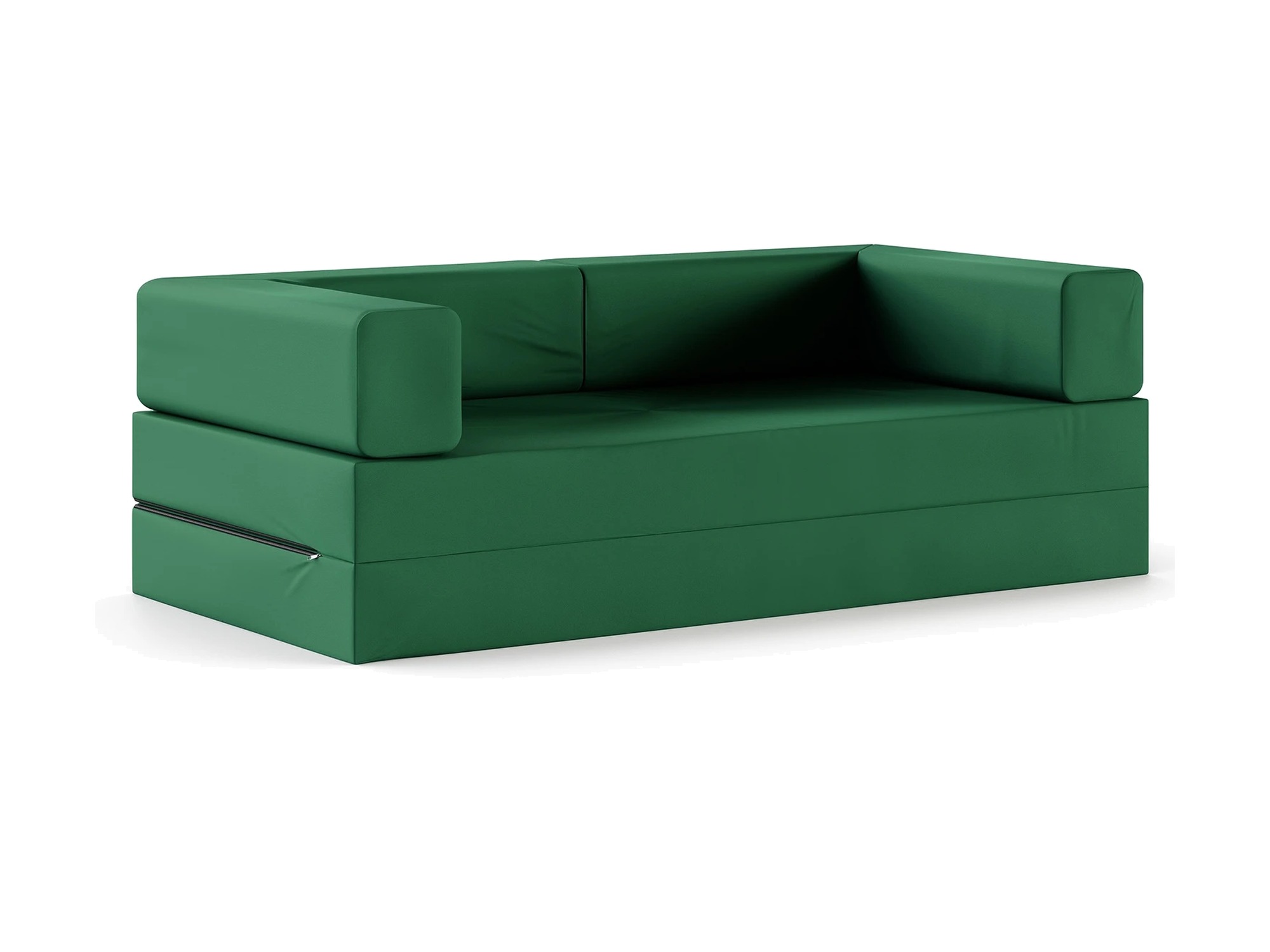 Rozkładana sofa ogrodowa z pianki w zielonej tkaninie wodoodpornej, na białym tle