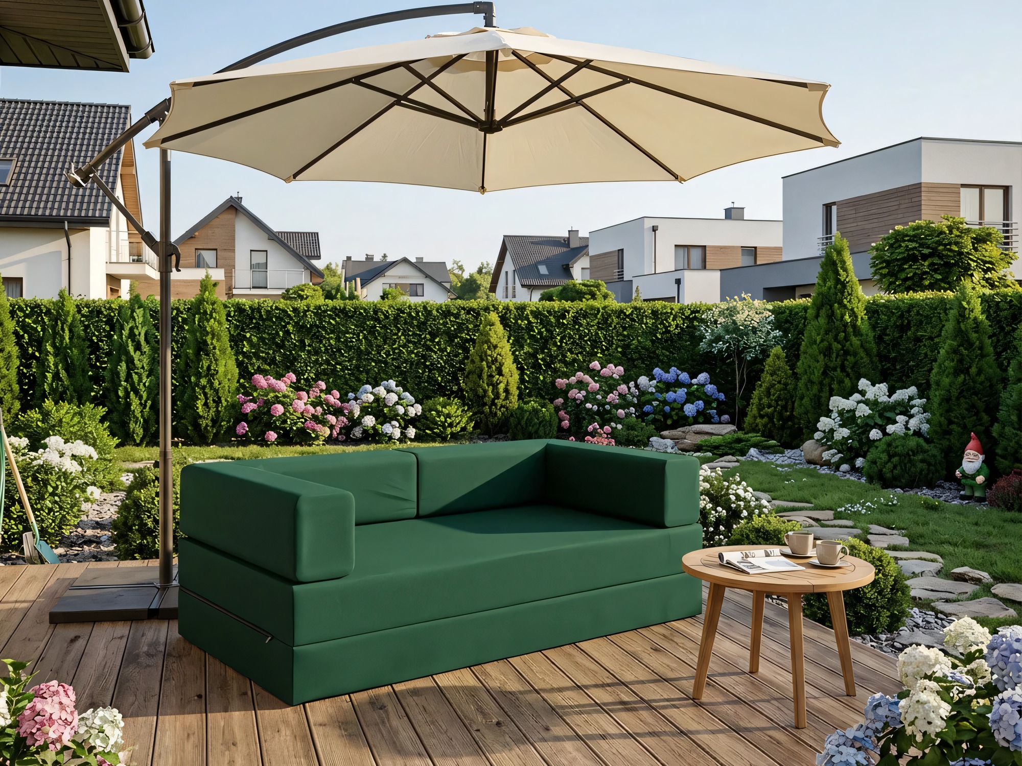 Zielona sofa ogrodowa na drewnianym tarasie pod parasolem