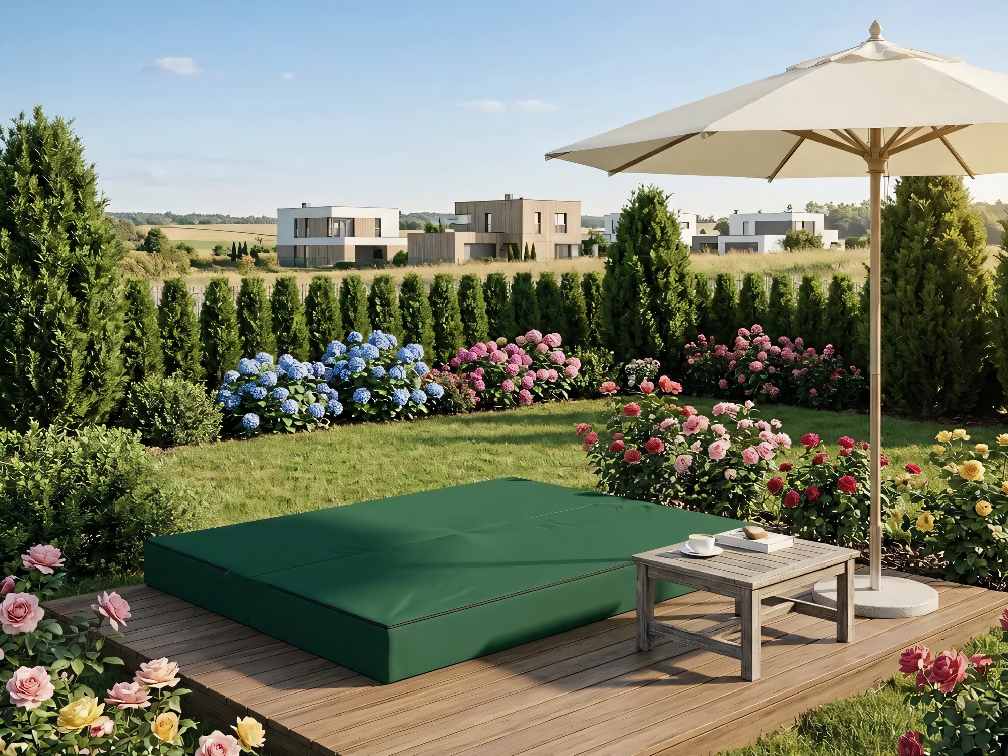Zielona sofa ogrodowa rozłożona na tarasie pod parasolem