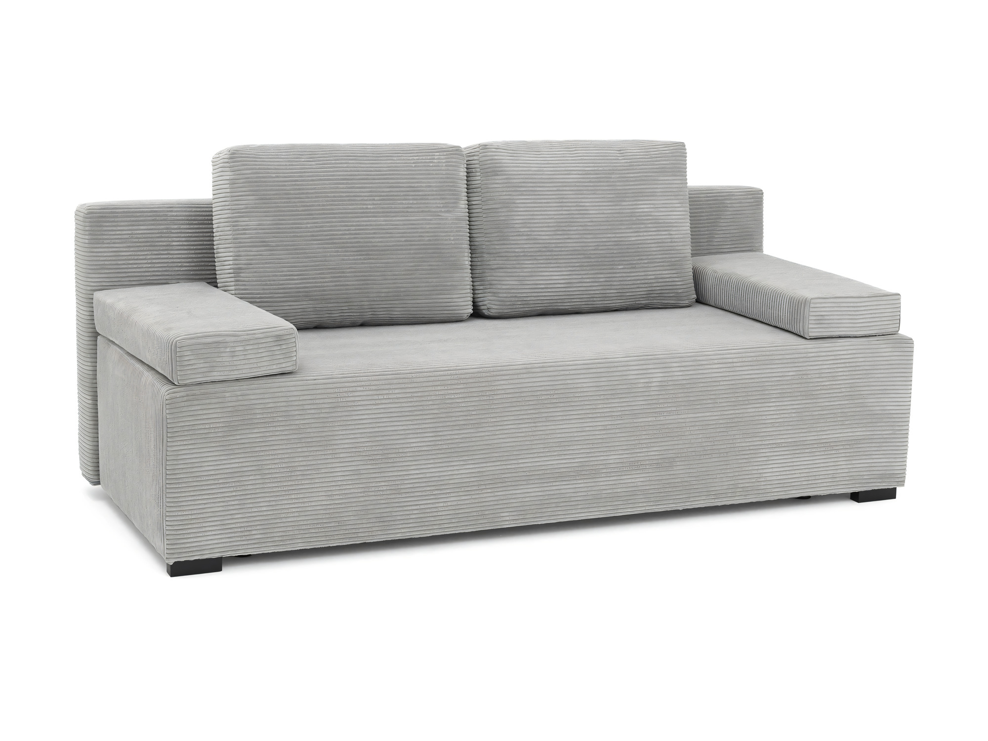Sofa rozkładana Sofelia z pojemnikiem — sztruks w kolorze szarym, na białym tle