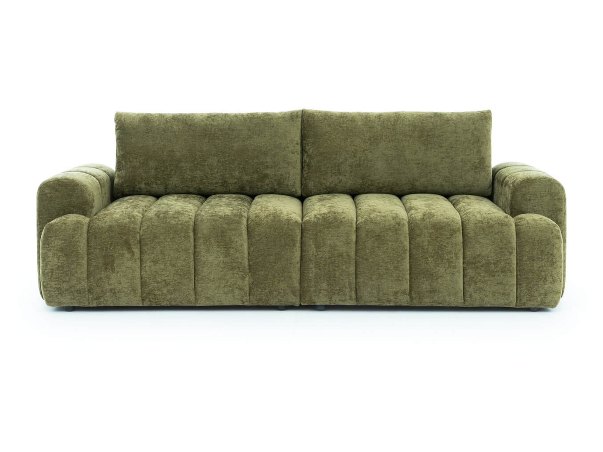 Schlafsofa Dorvessa, 258 cm, mit olivgrünem Stoffbezug vor weißem Hintergrund