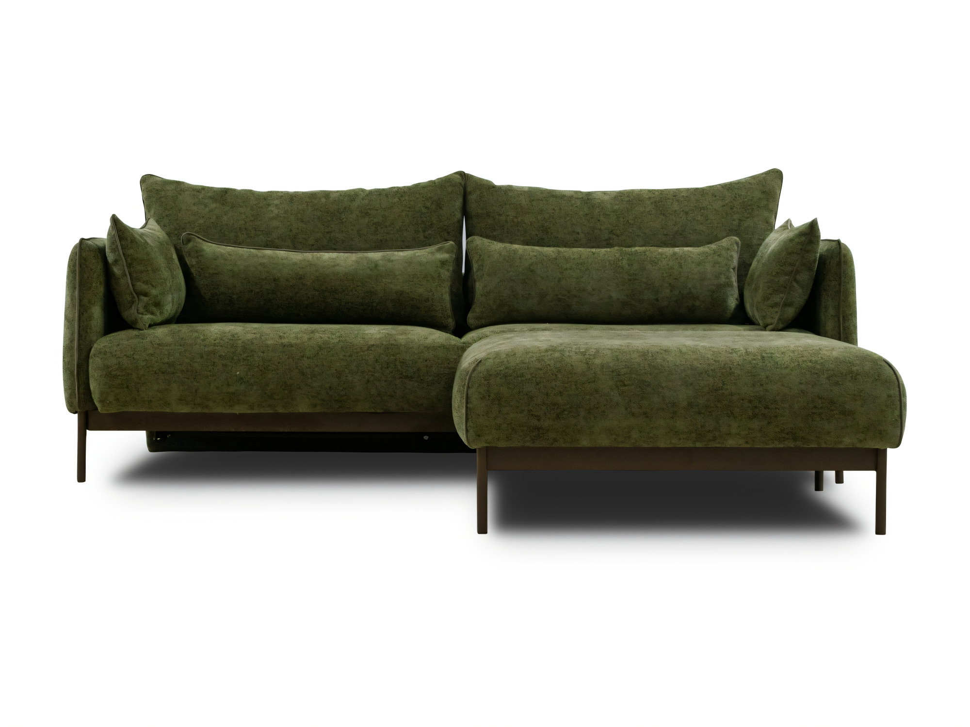 Dreisitzer-Sofa Solvena mit grünem Stoffbezug, Vorderansicht vor weißem Hintergrund