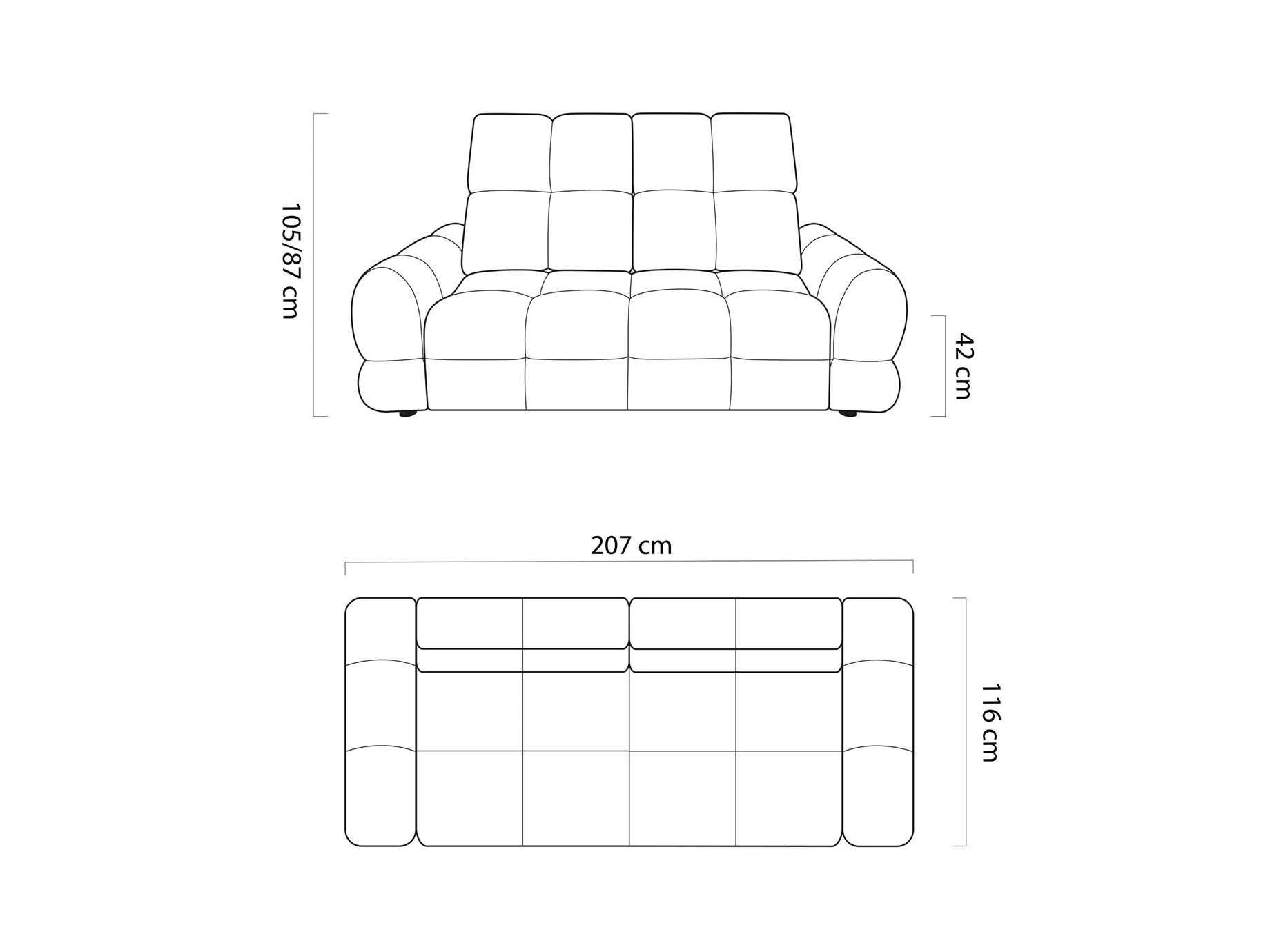 Sofa Tolvaro elektryczna rysunek wymiarowy