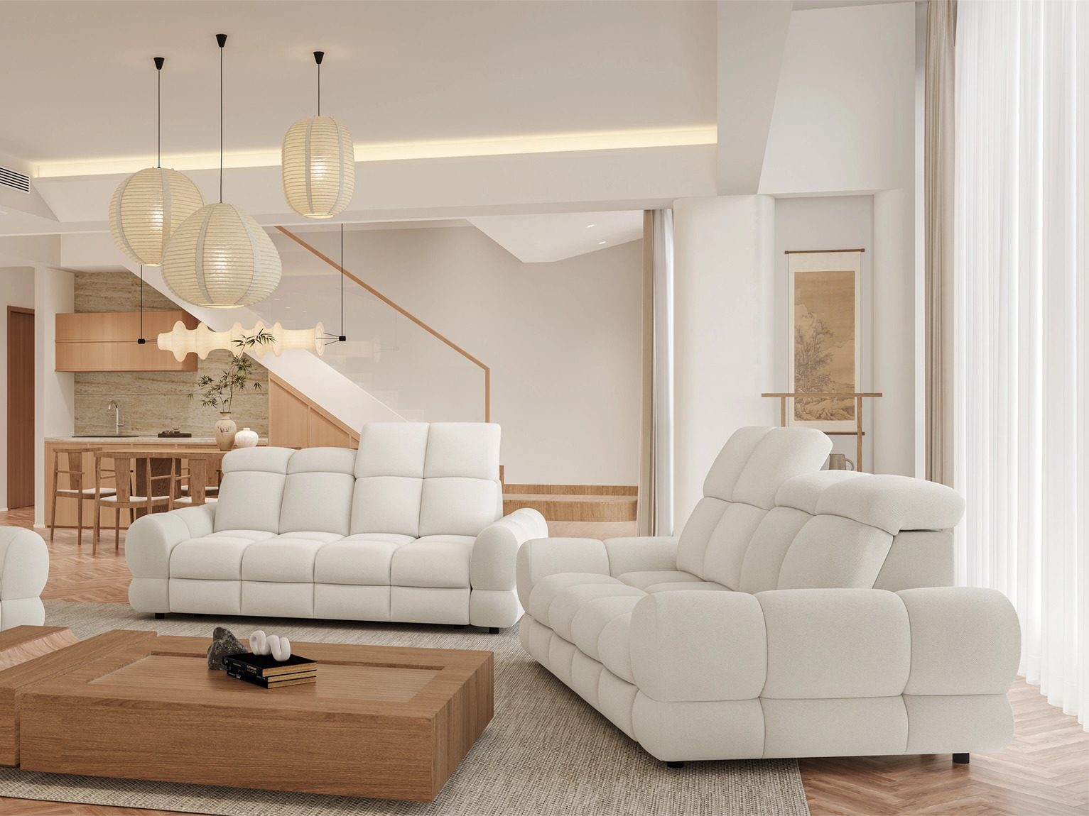 3-Sitzer-Sofa Tolvaro mit elektrischem Sitzauszug im Wohnzimmer, Schrägansicht