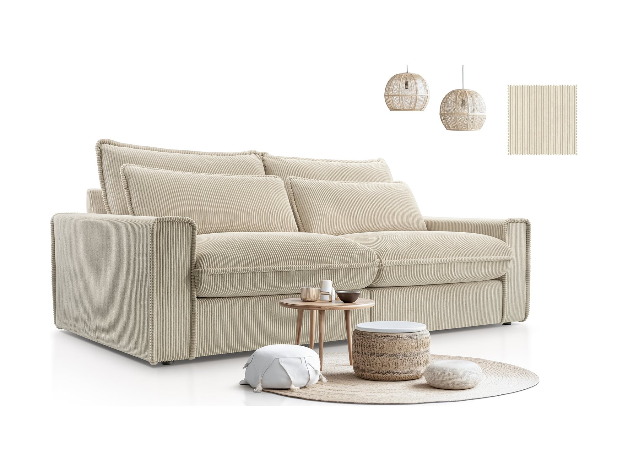 Sofa Whisko w salonie ze stolikiem i pufami