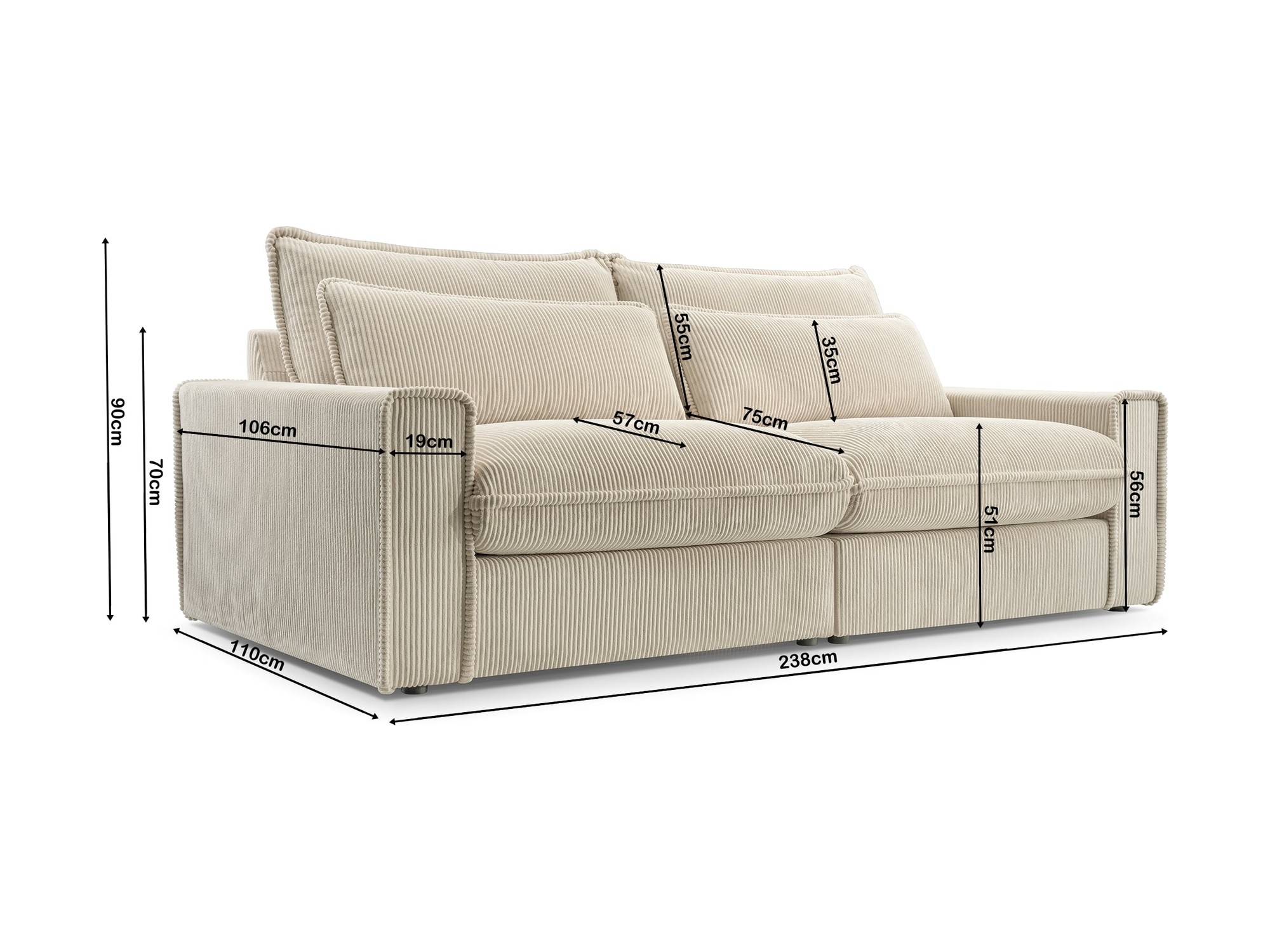 Sofa Whisko – Maße 238 × 110 × 90 cm, Sitzhöhe 51 cm