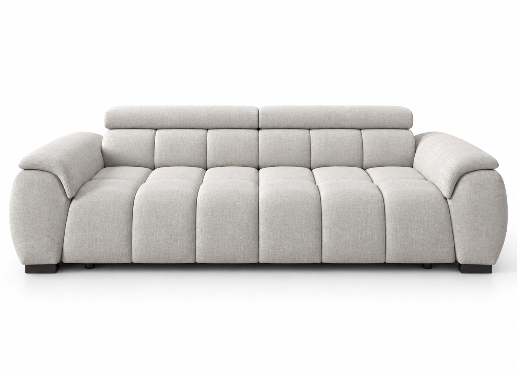 Hellgraues Sofa Novario 248 cm, gesteppter Sitz und 2 verstellbare Kopfstützen, Frontansicht vor weißem Hintergrund