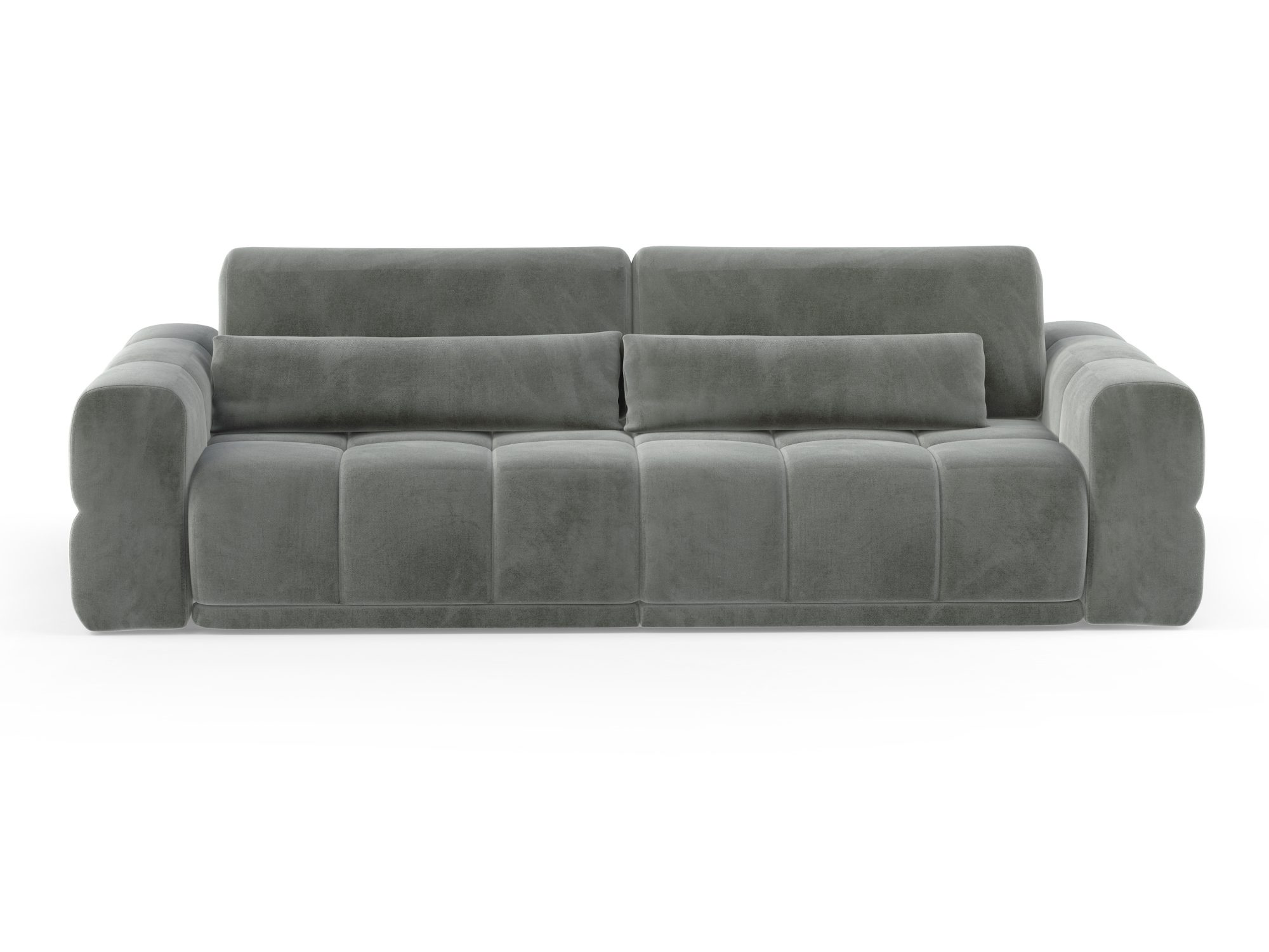 Graues Sofa Lagvero 290 cm mit Schlaffunktion, Frontansicht vor weißem Hintergrund