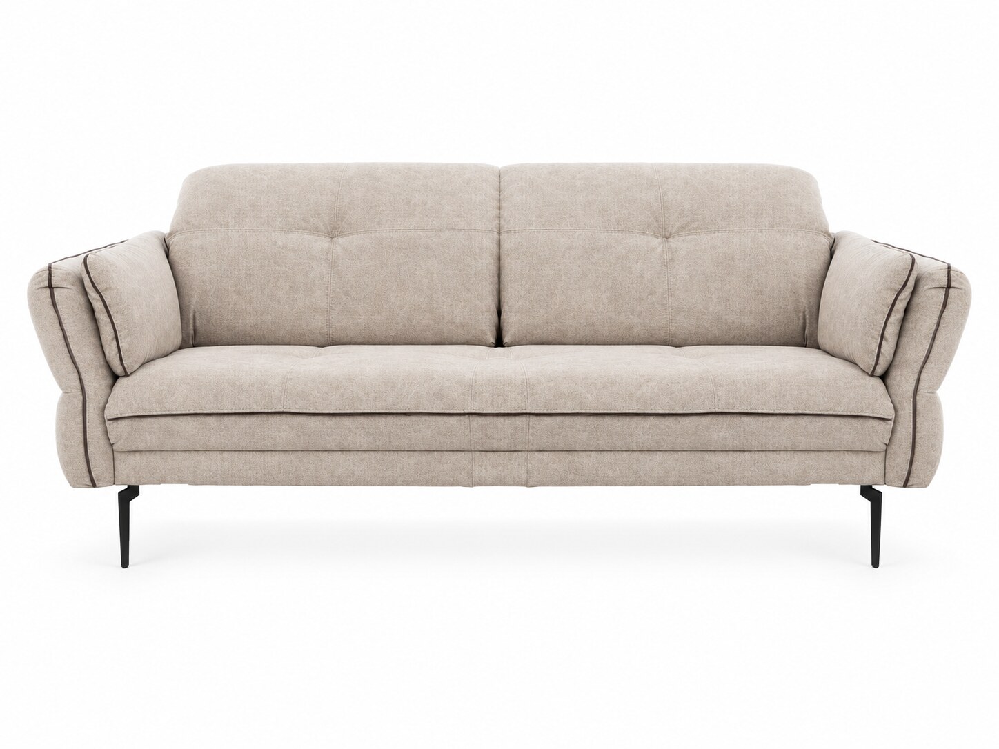 Sofa Terlavio 207 cm mit verstellbaren Kopfstützen, beigem Stoff und dunkler Paspel vor weißem Hintergrund