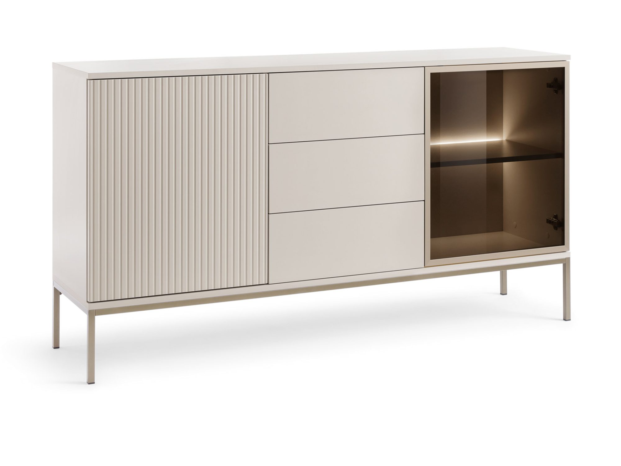 Kommode Spokój 154 cm in Kaschmir – Schrägansicht mit LED-Verglasung