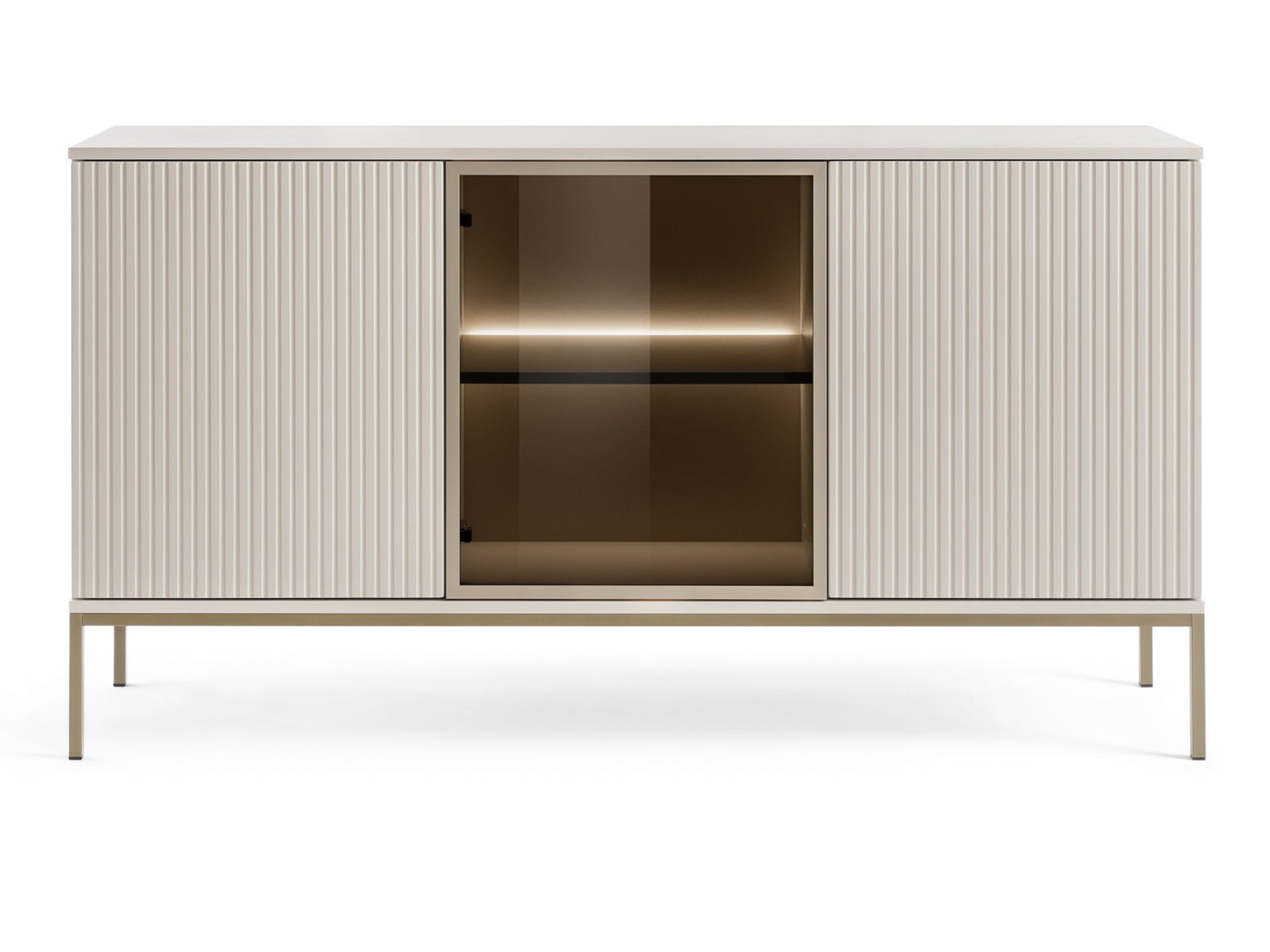 Kommode Spokój 154 cm in Kaschmir – 3 Türen, mittlere LED-Vitrine