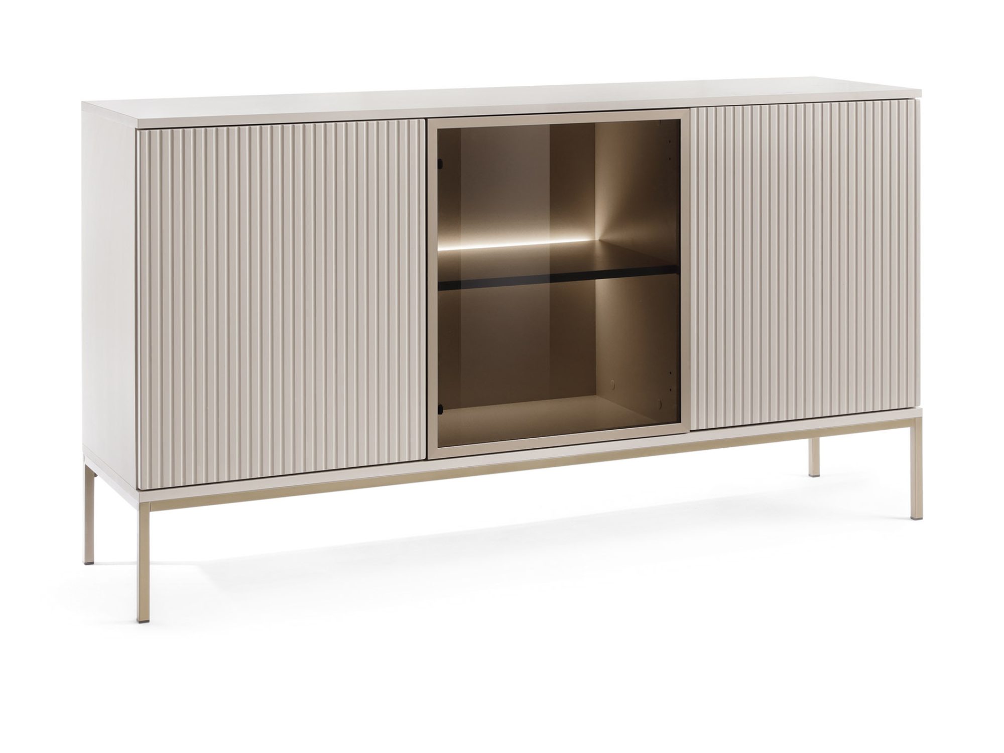 Kommode Spokój 154 cm Kaschmir – Schrägansicht mit geriffelter Front und LED