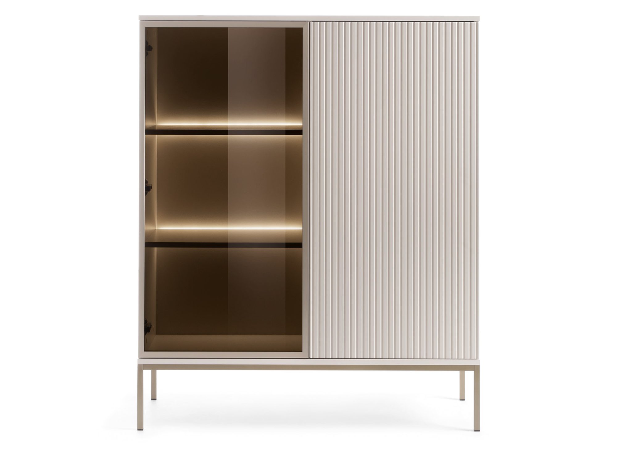 Witryna Spokój kaszmir 104 cm – szklany i ryflowany front z LED