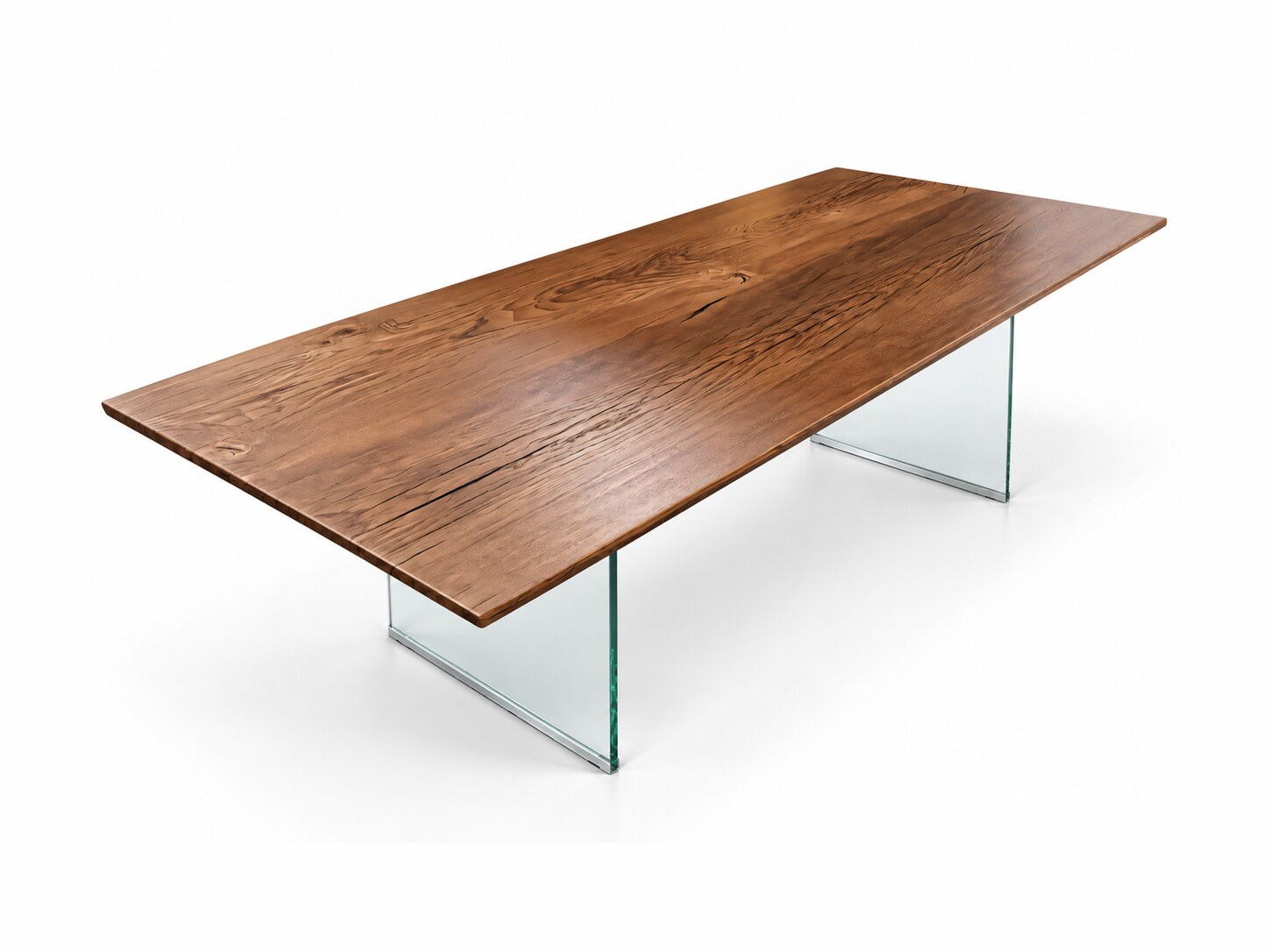 Eichentisch UMBRA 250x100 cm aus zwei Bohlen mit Glasbeinen – Produktfoto auf weißem Hintergrund