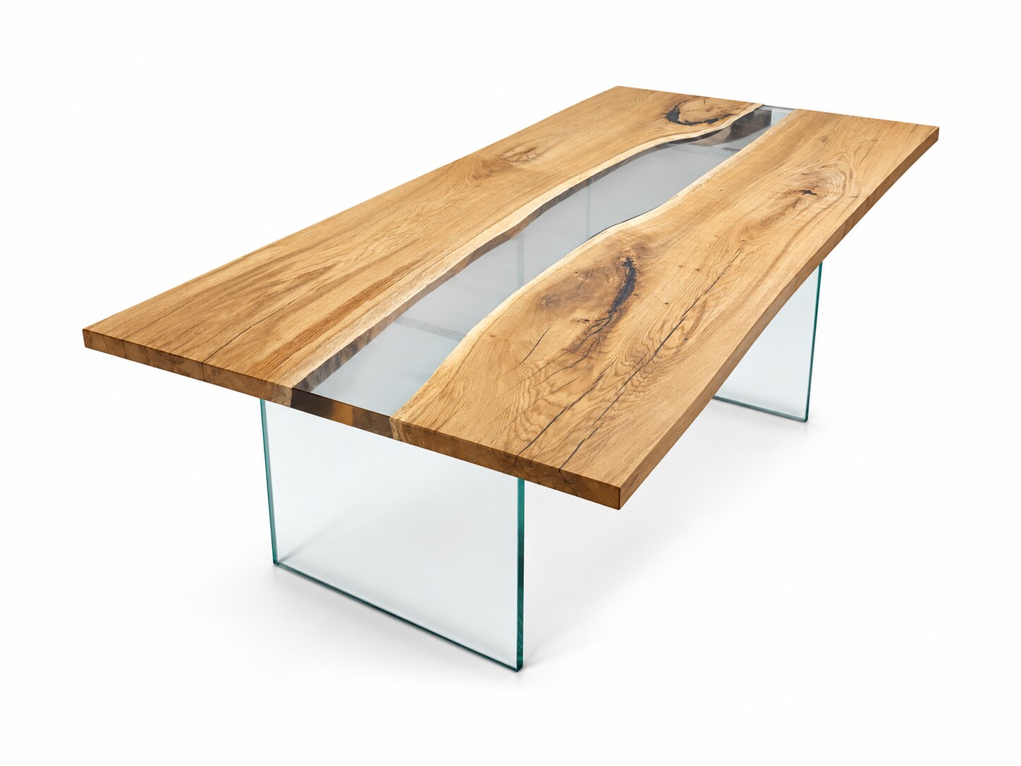 Eichentisch mit Epoxidharz 197x80 cm RIVERA mit Glasbeinen – Produktfoto vor weißem Hintergrund