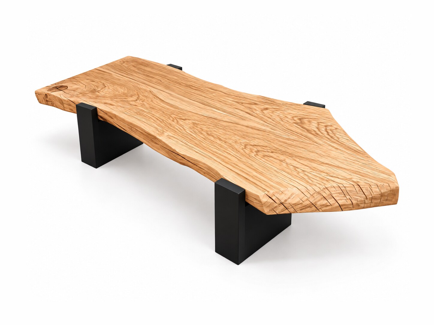 Eichen-Couchtisch ISOLA 210x70 cm aus einer Bohle mit Stahlbeinen – Produktfoto auf weißem Hintergrund