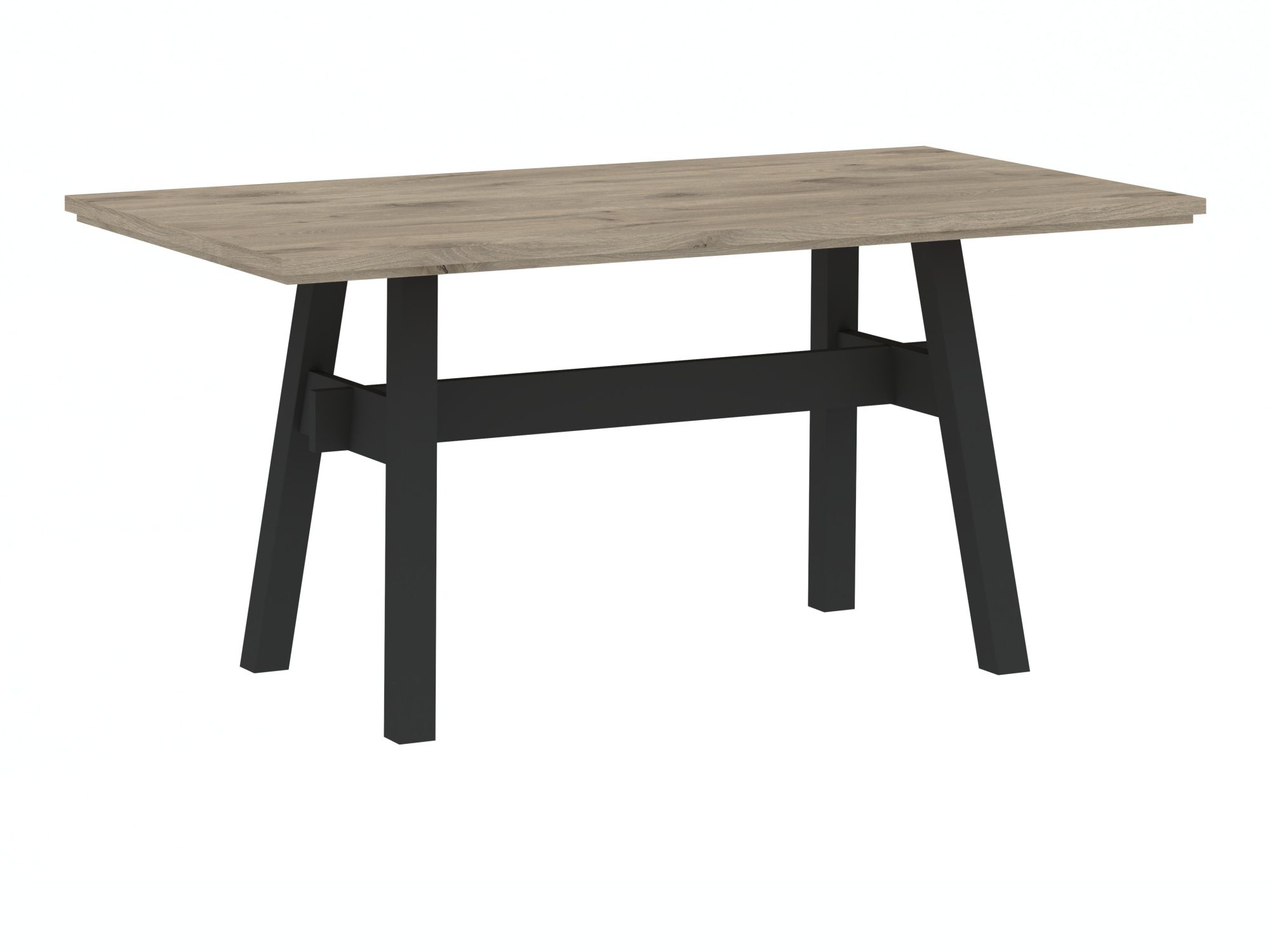 Stůl Portavello 160 × 90 cm dub Viking a černá – plná deska, nohy a příčka na bílém pozadí