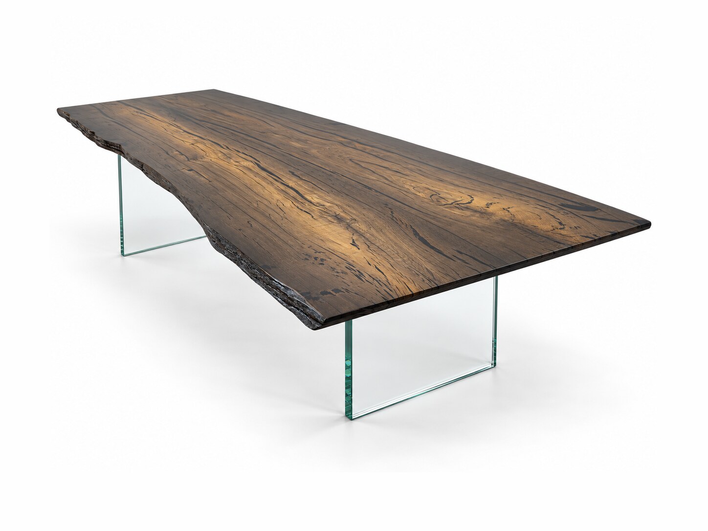 Tisch NOCTURNO aus schwarzer Mooreiche 293x105 cm auf Glasbeinen – Produktfoto vor weißem Hintergrund