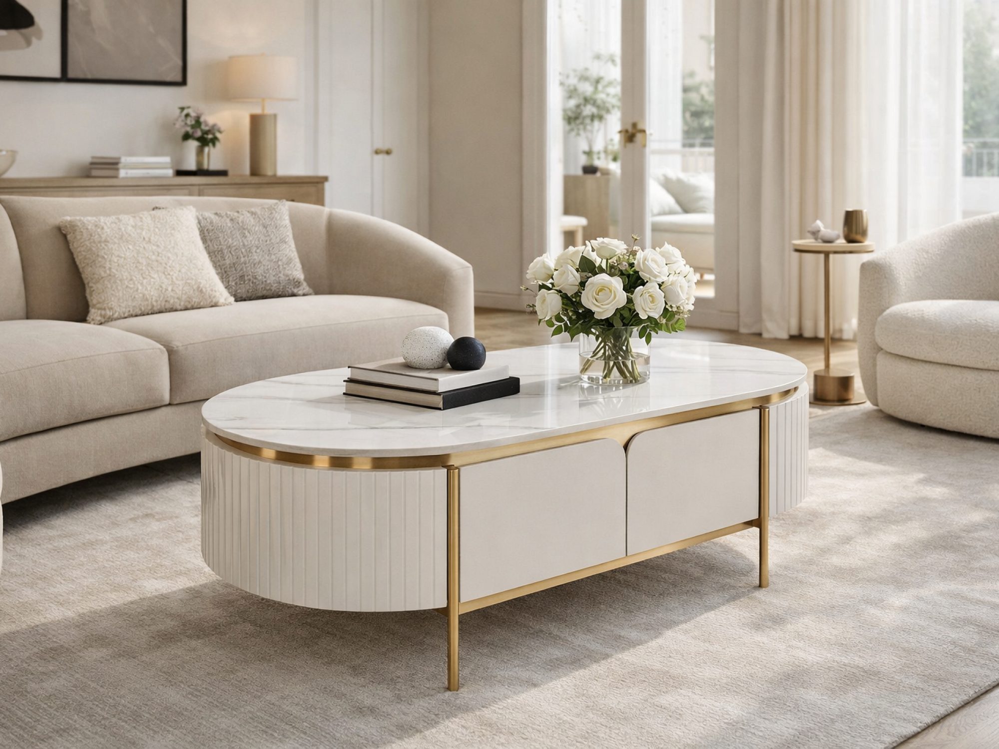 Couchtisch Eleganza 122 cm in Ecru im hellen Wohnzimmer mit weißen Blumen
