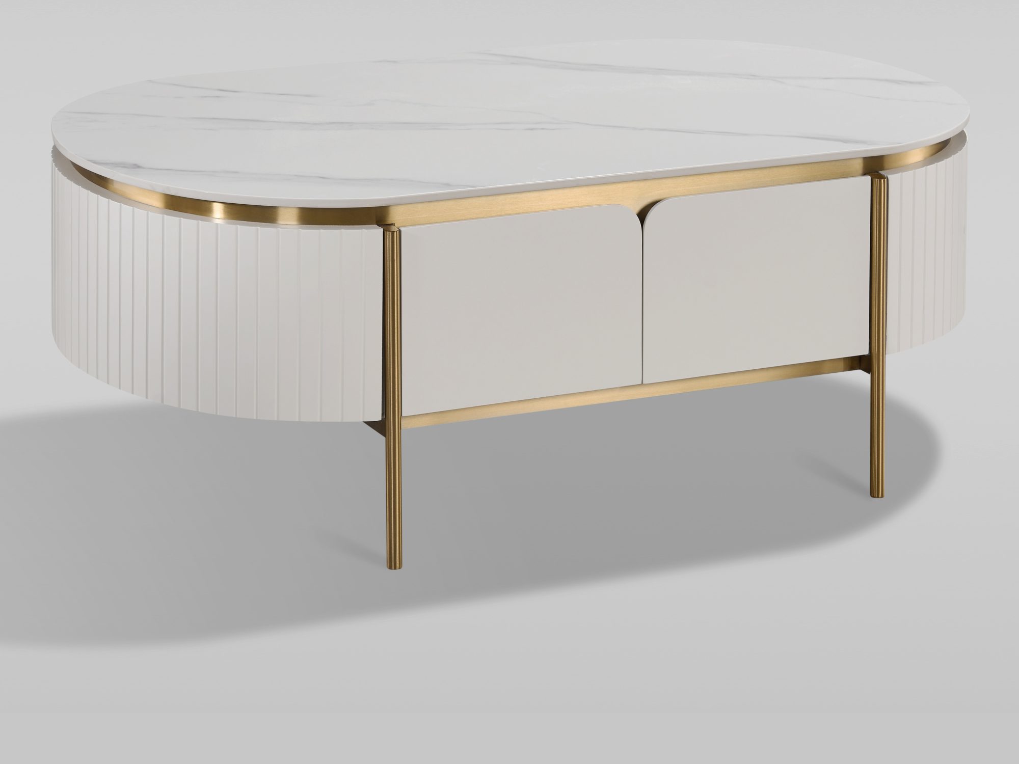 Couchtisch Eleganza in Ecru mit Marmorplatte und zwei Schubladen – Packshot in Schrägansicht