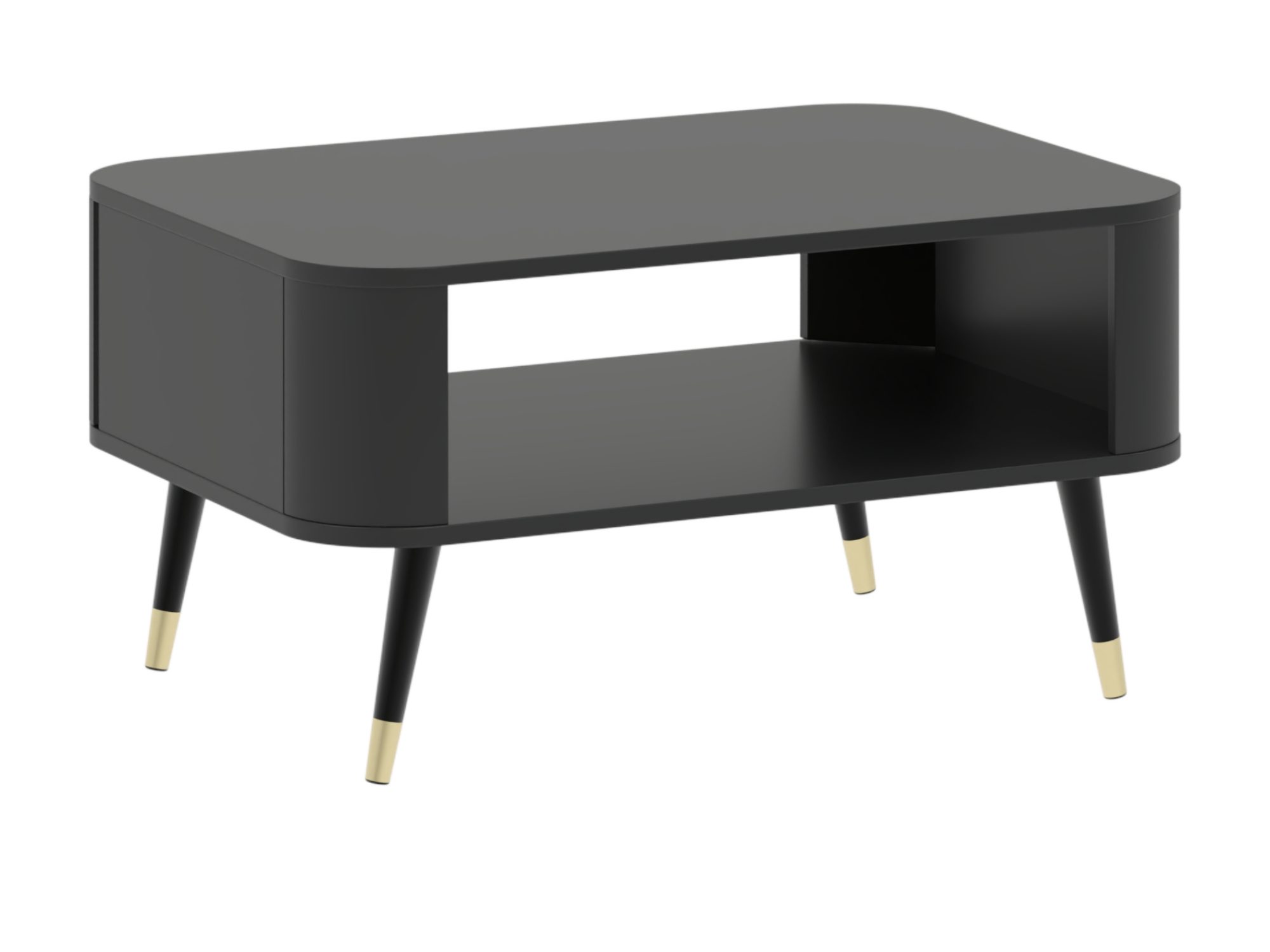 Couchtisch Lumaro 80 cm Schwarz – offene Ablage, abgerundete Ecken und goldene Fußkappen