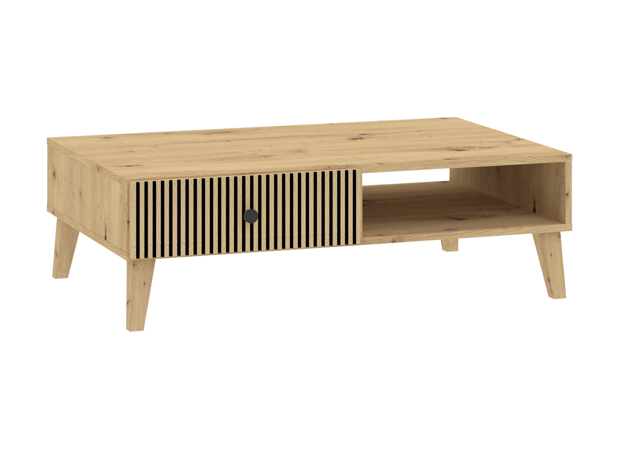 Konferenční stolek Norvello 102 cm, dub artisan s drážkovanou zásuvkou a policí – boční pohled