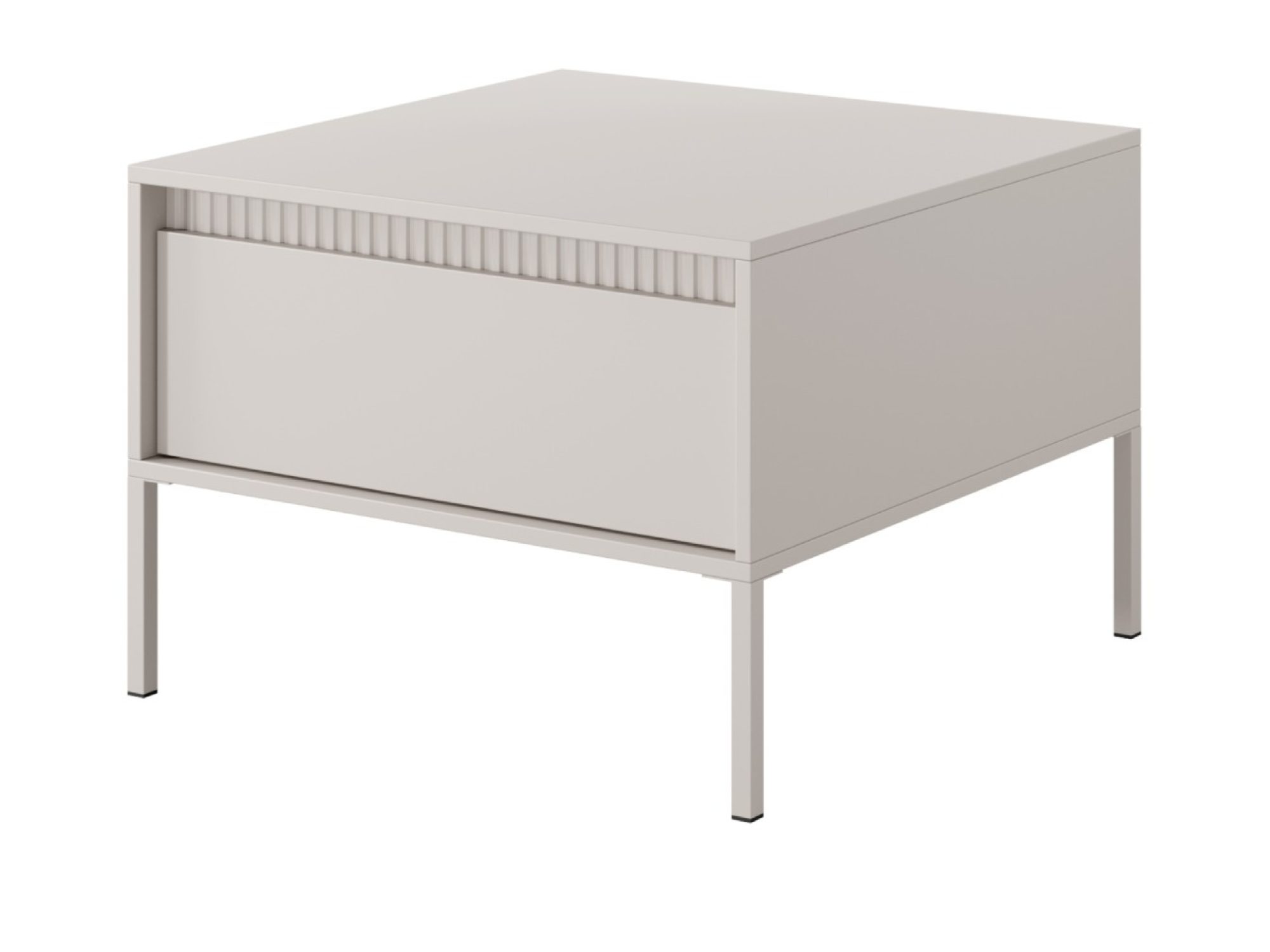 Beiger Couchtisch Ombrino 68 cm mit Schublade und Metallbeinen vor weißem Hintergrund
