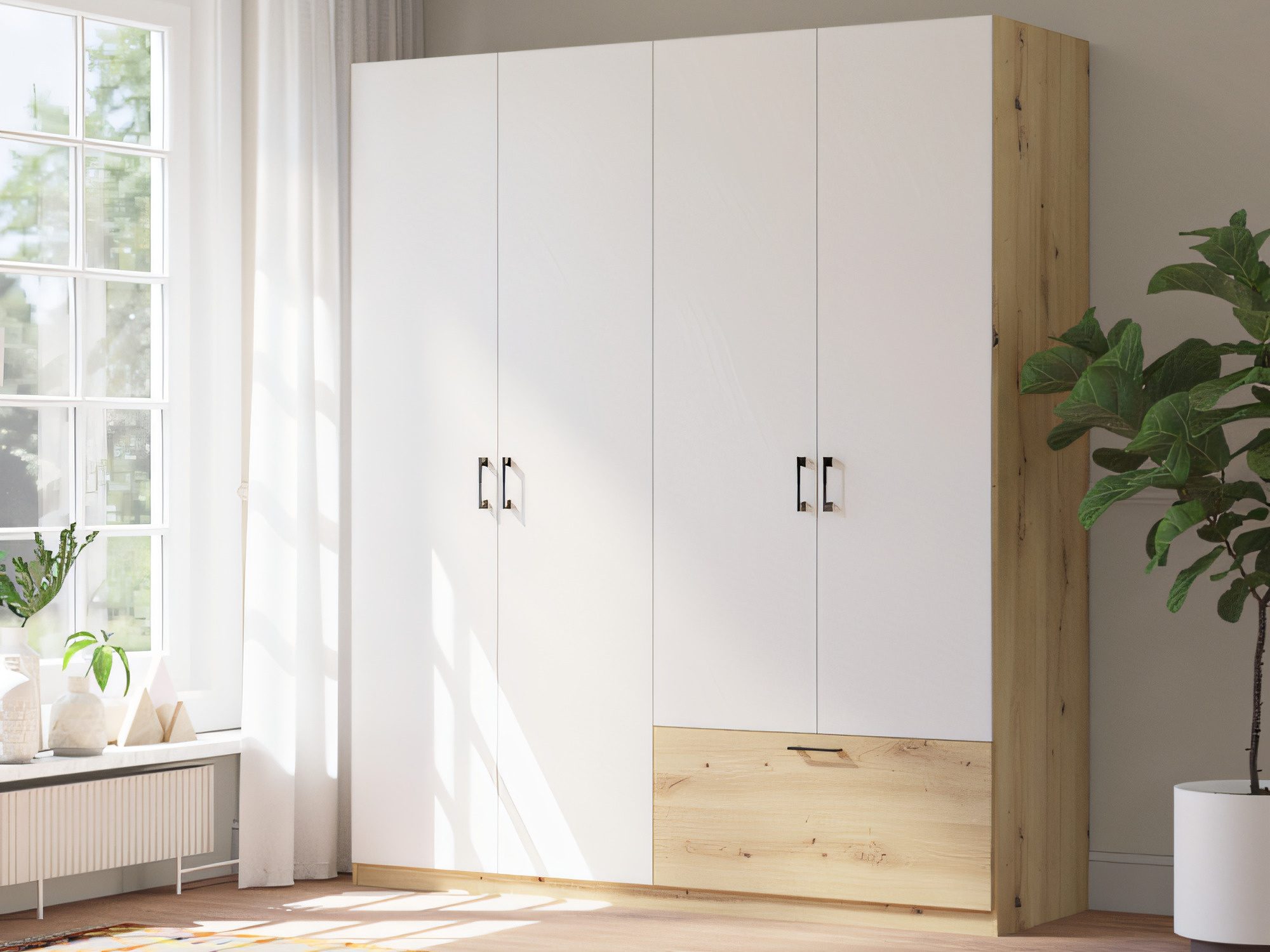 Šatní skříň Altavero 180 cm dub artisan a bílá v interiéru ložnice