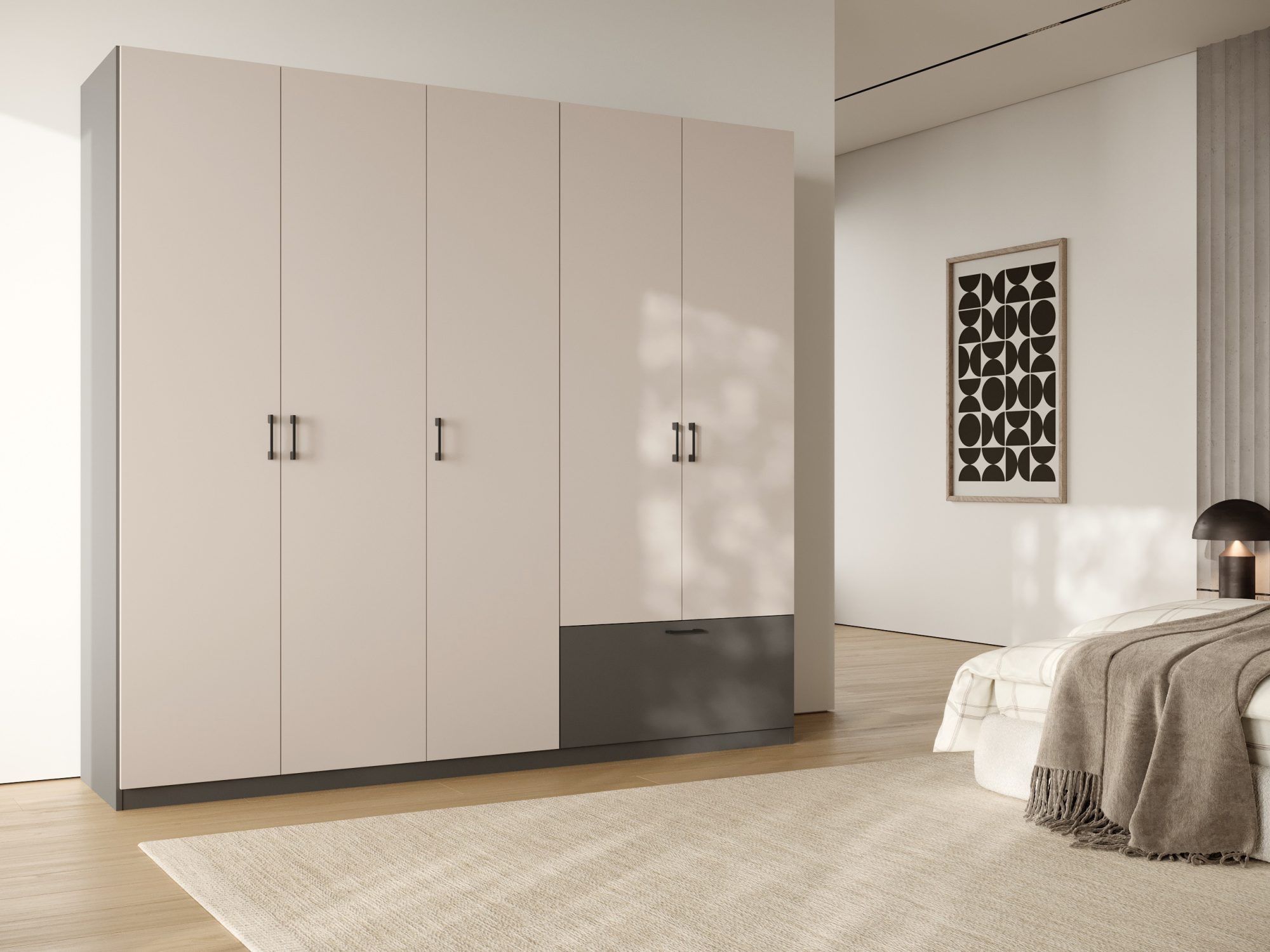 Kleiderschrank Altavero 225 cm in Anthrazit und Kaschmir im Schlafzimmer-Ambiente