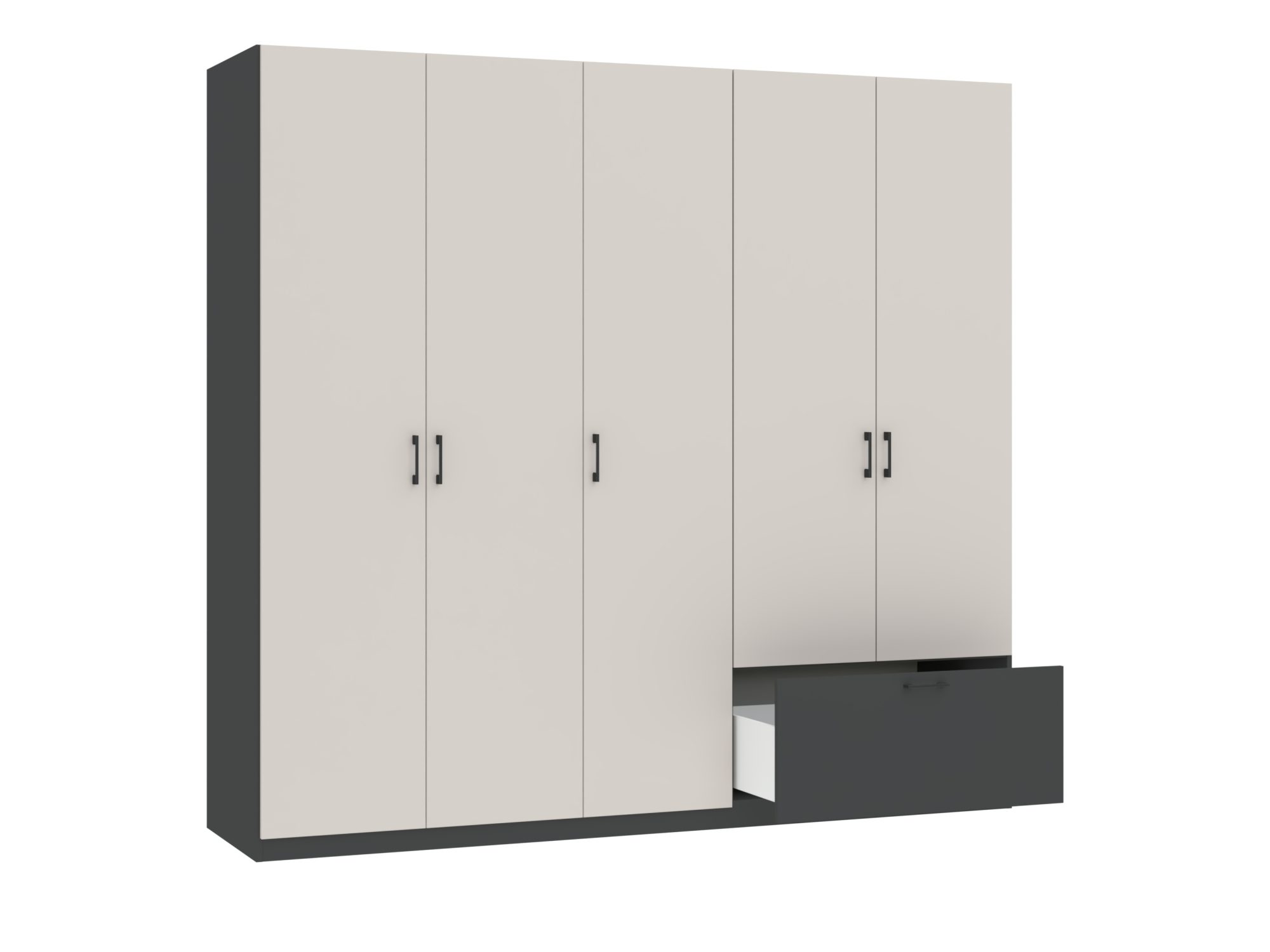 Kleiderschrank Altavero 225 cm in Anthrazit und Kaschmir mit geöffnetem Innenraum