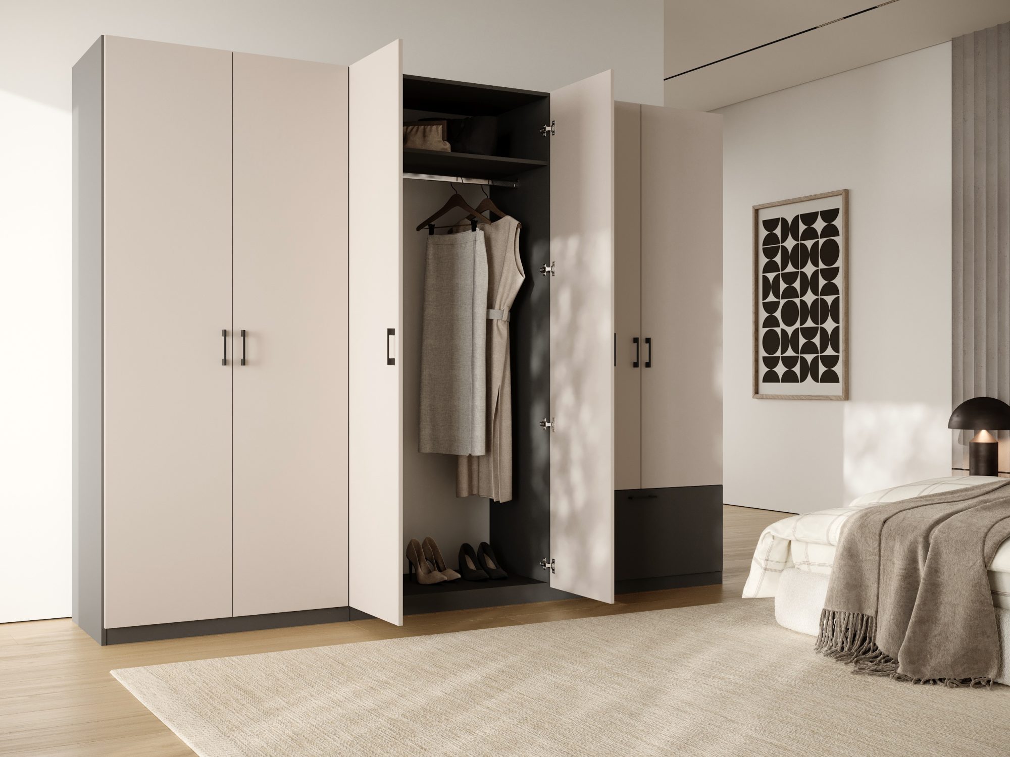 Kleiderschrank Altavero 270 cm Anthrazit und Kaschmir – Raumszene mit geöffneten Türen