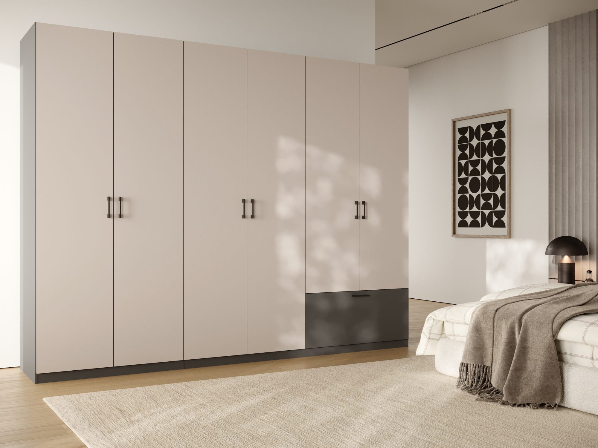 Kleiderschrank Altavero 270 cm Anthrazit und Kaschmir – Raumszene mit geschlossenen Türen