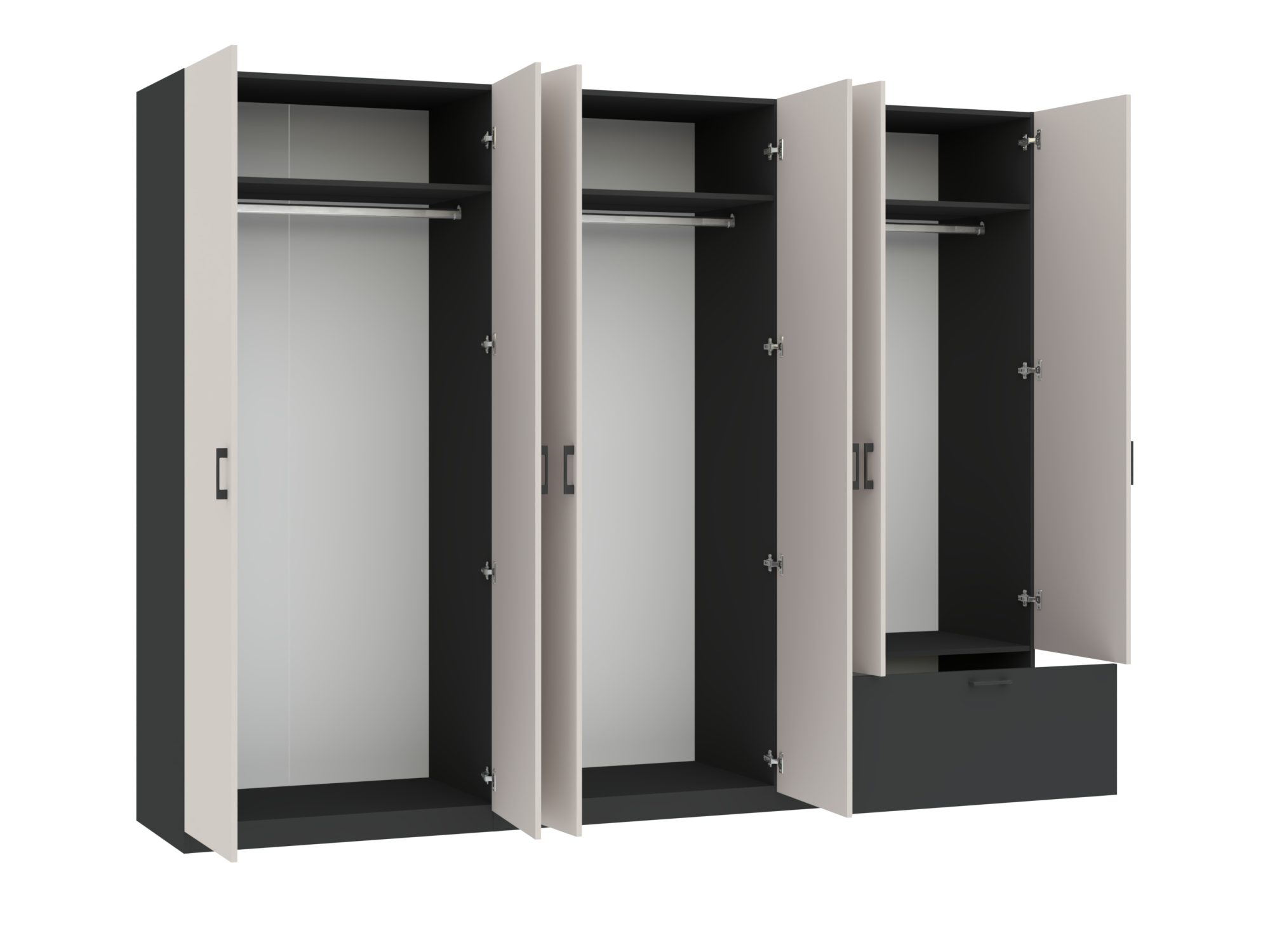 Kleiderschrank Altavero 270 cm Anthrazit und Kaschmir – geöffnete Tür mit sichtbarem Einlegeboden